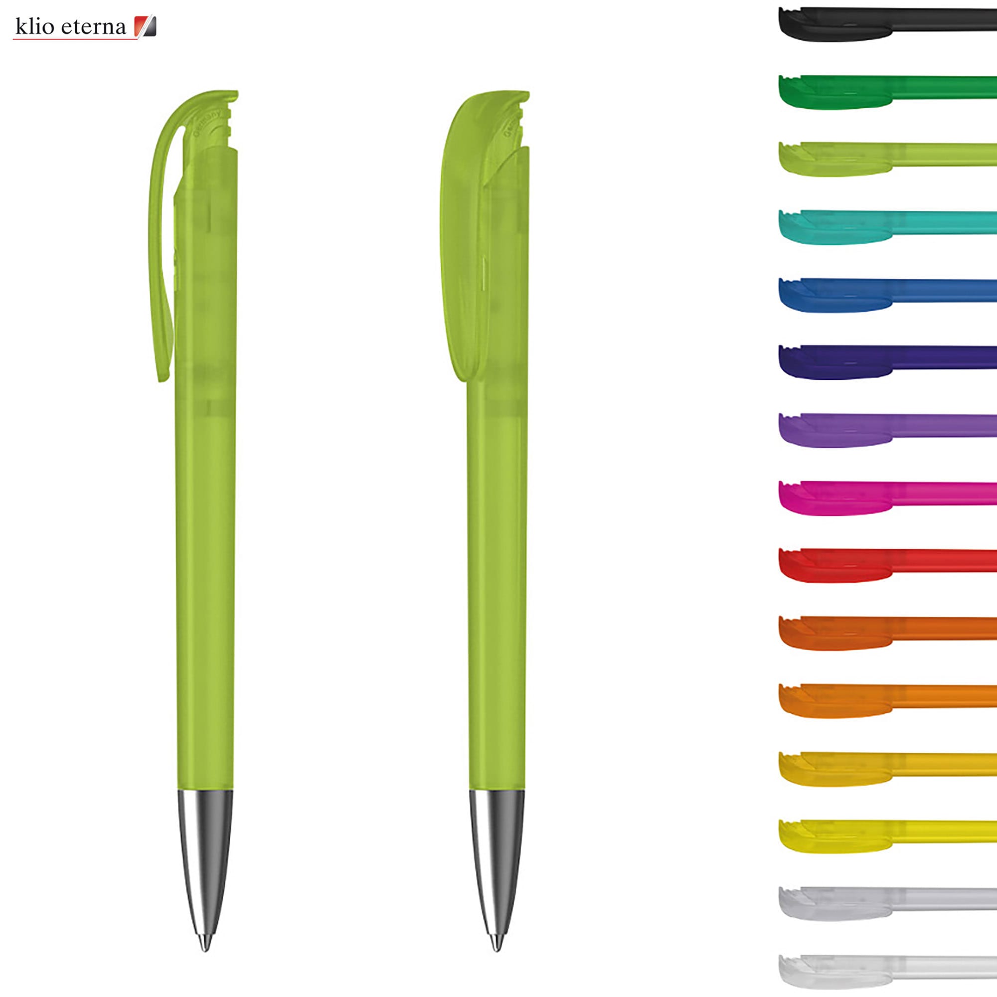 A bright lime green plastic pen with a silver tip and matching cap, alongside a variety of coloured pen options. Jona M Ice - Image 1