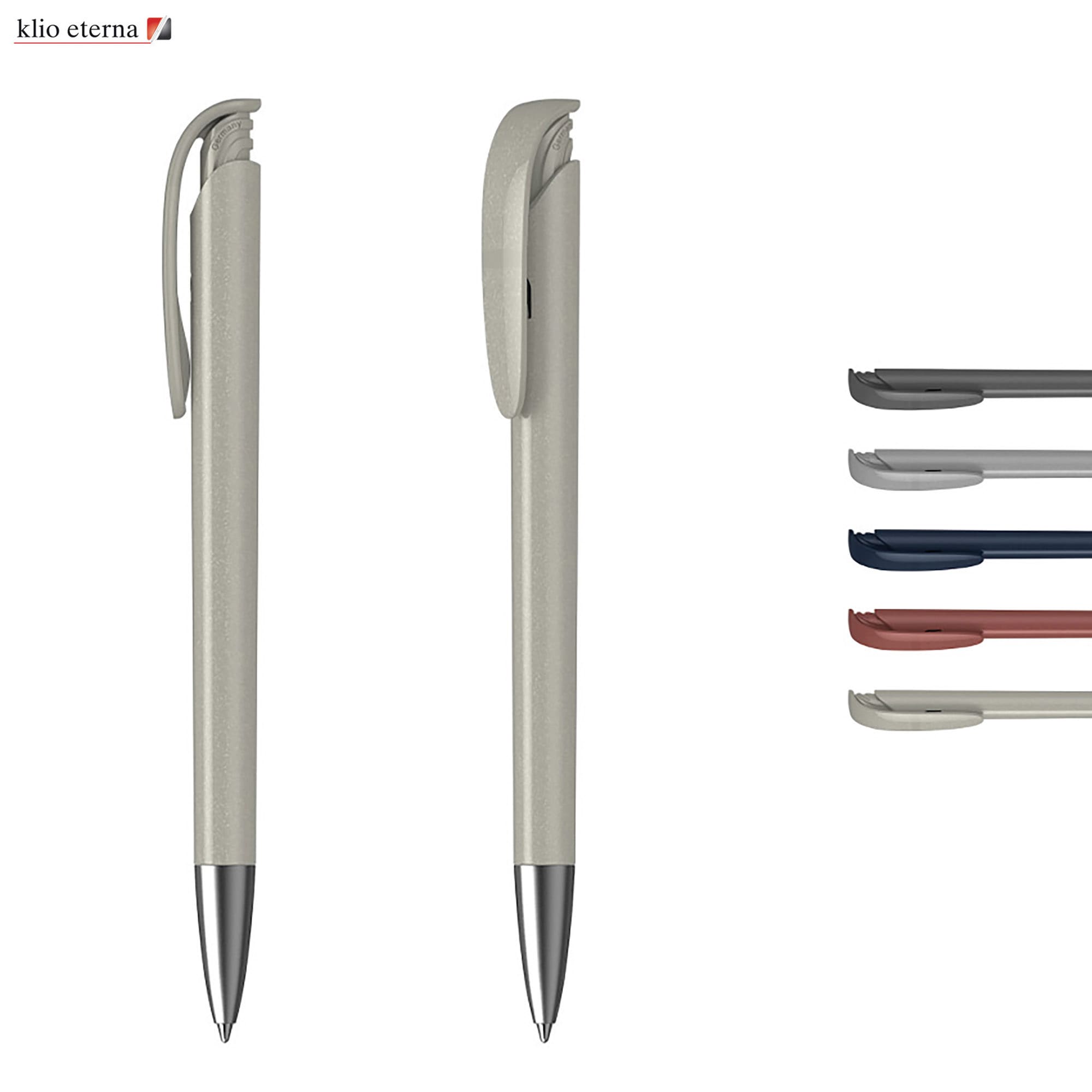 A metallic plastic pen in a muted grey colour, featuring a clip and a shiny silver tip, alongside various coloured caps. Jona M Metallic - Image 1