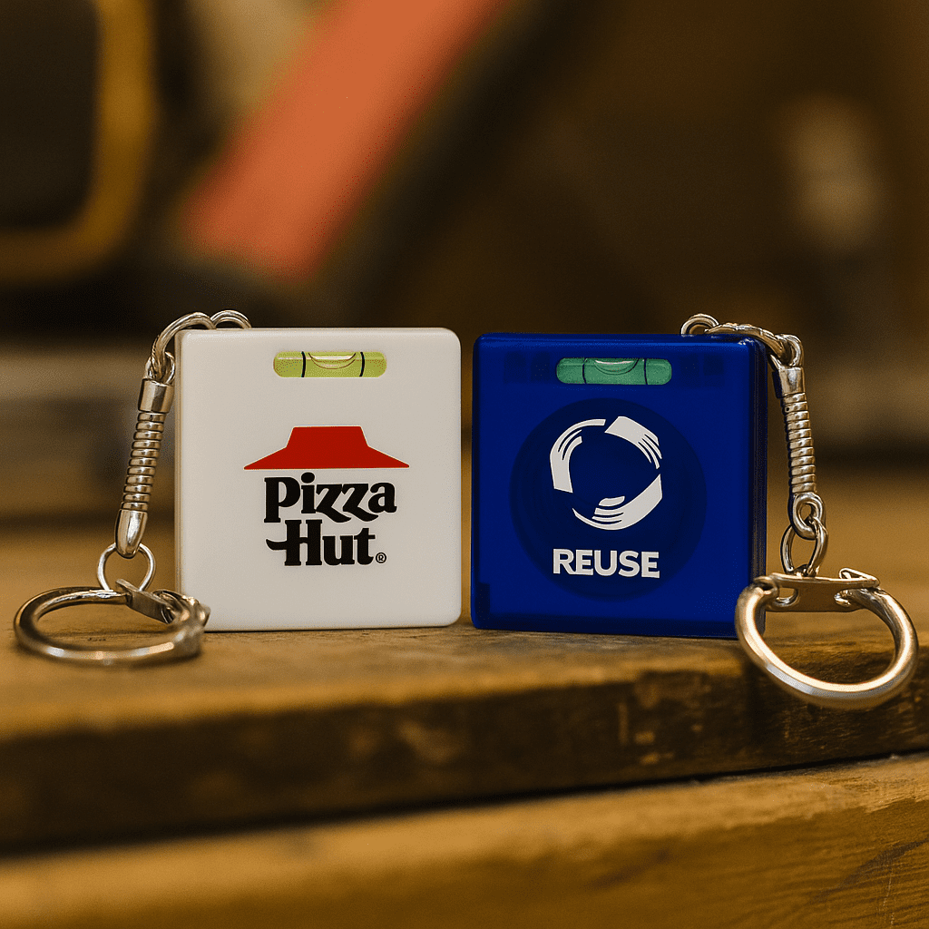 A tape measure with a level key chain, featuring a white and blue design with logos. Tape Measure with Level Key Chain - Image 1