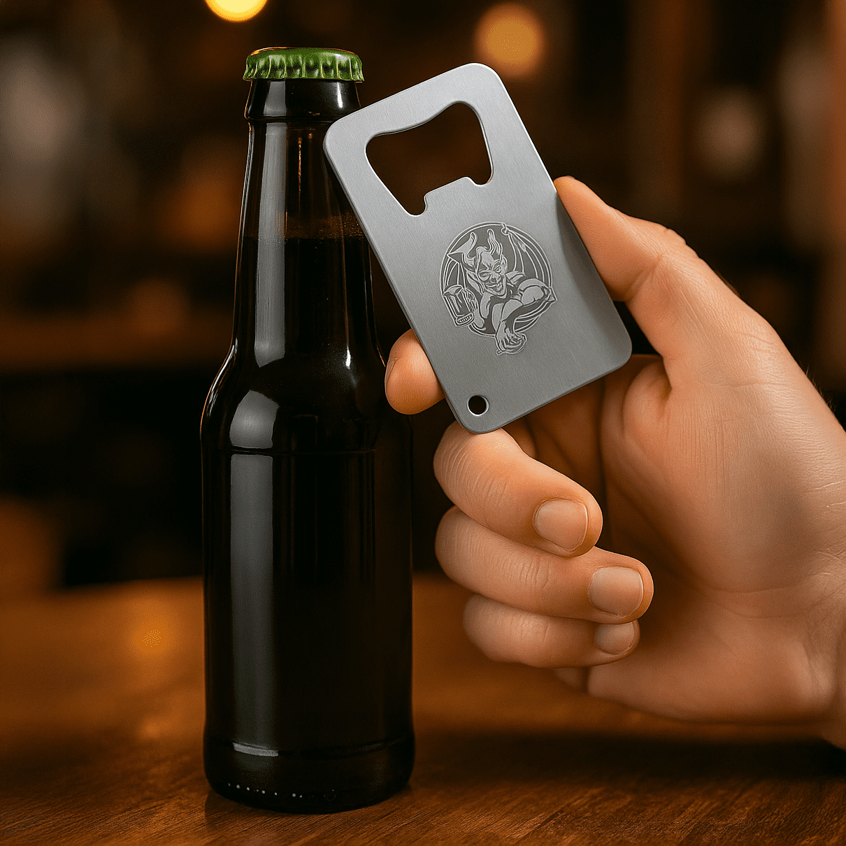 A drink bottle opener resembling a credit card, made of stainless steel, held in a hand next to a dark bottle. Stainless Credit Card Bottle Opener - Image 1