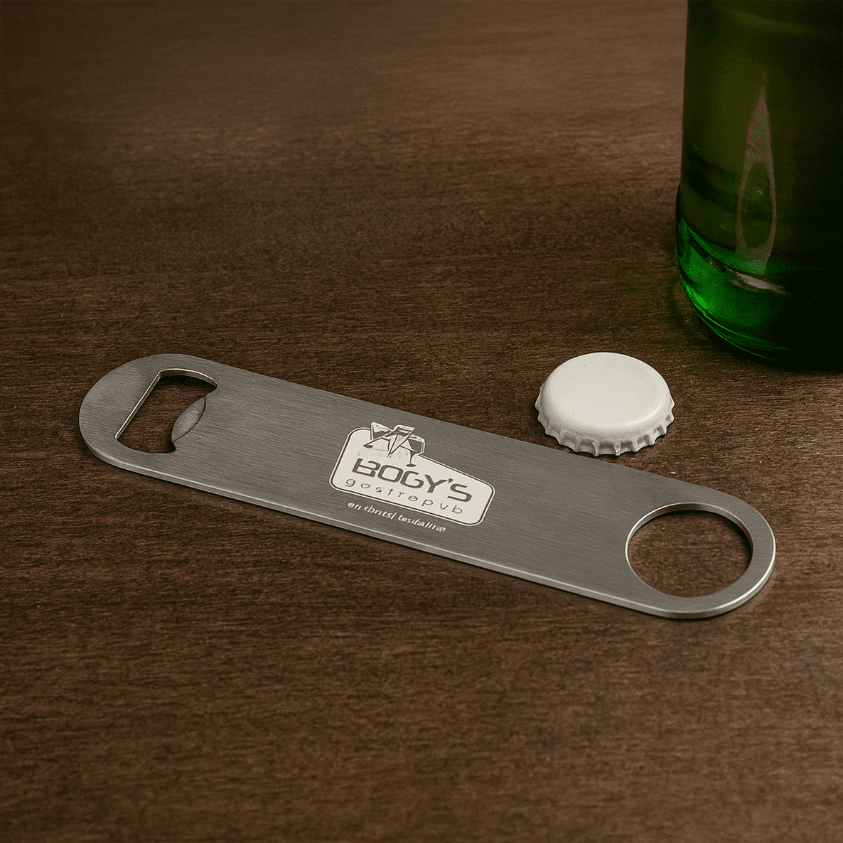 A drink bottle opener in stainless steel with a circular cut-out and a logo, placed near a green bottle and a cap. Bartender's Bottle Opener - Image 1