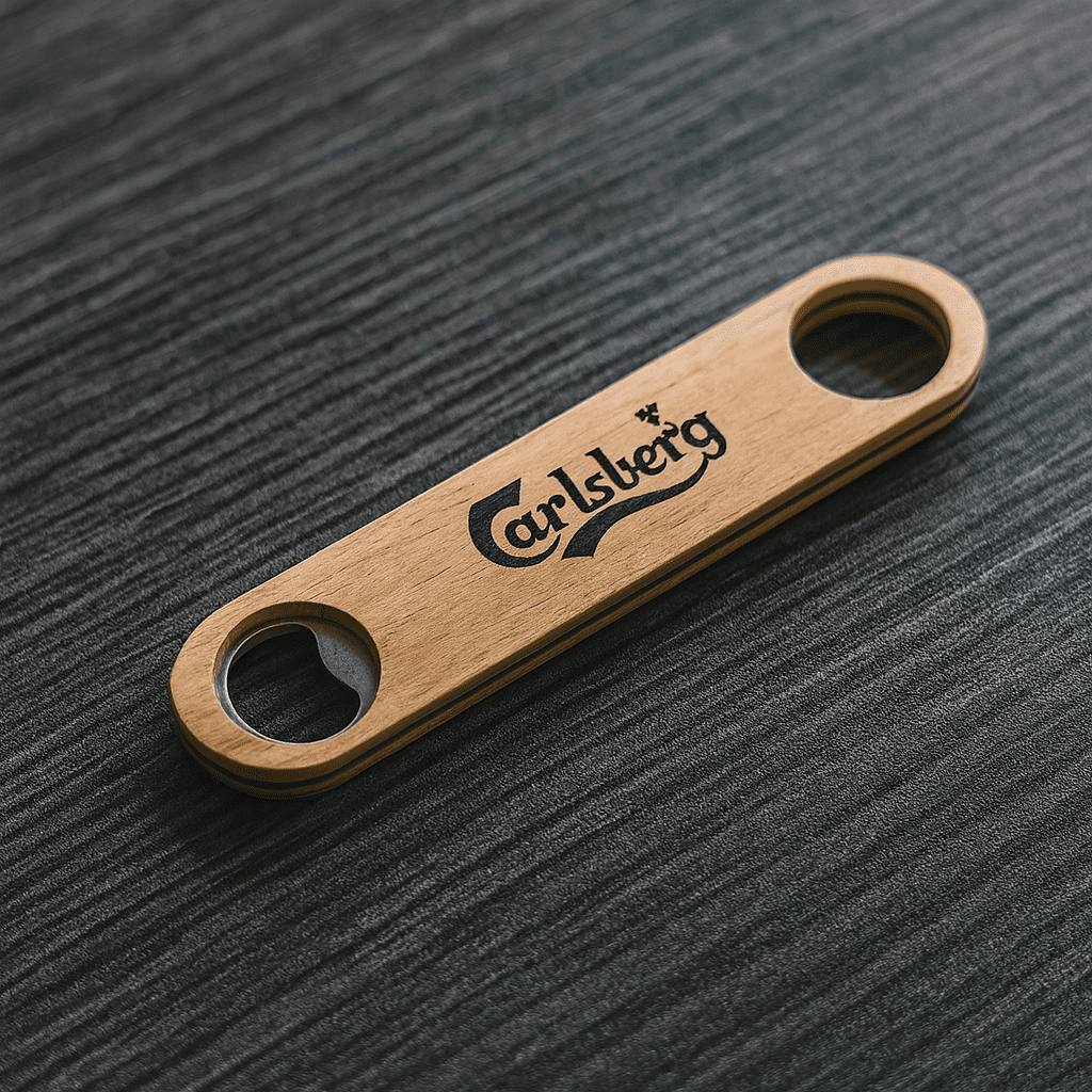 A bamboo bottle opener in a natural wood colour, featuring a logo and two openings. Bamboo Bottle Opener - Image 1