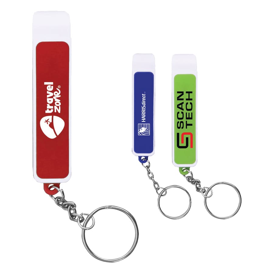A drink bottle opener set in red, blue, and green, featuring a key ring for attachment and branding on each piece. The Hefe Bottle Opener - Image 1