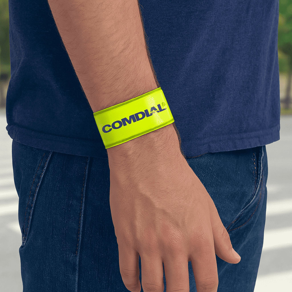 A reflective wristband in bright yellow with a logo, worn on a person's wrist. Reflective Wrist Band - Image 1