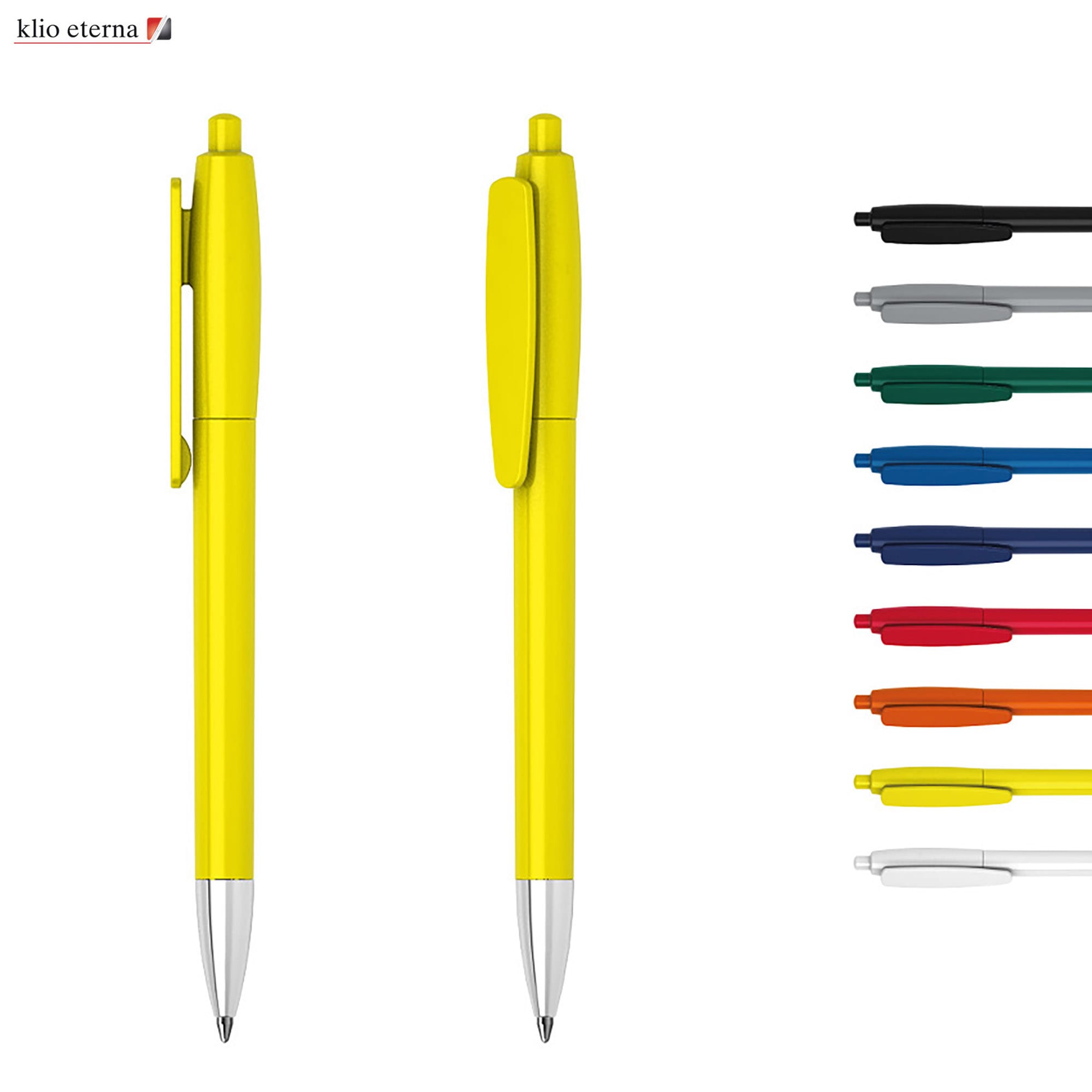 Two yellow plastic pens are displayed, featuring a clip and shiny silver tip, alongside various colour options. Klix M - Image 1