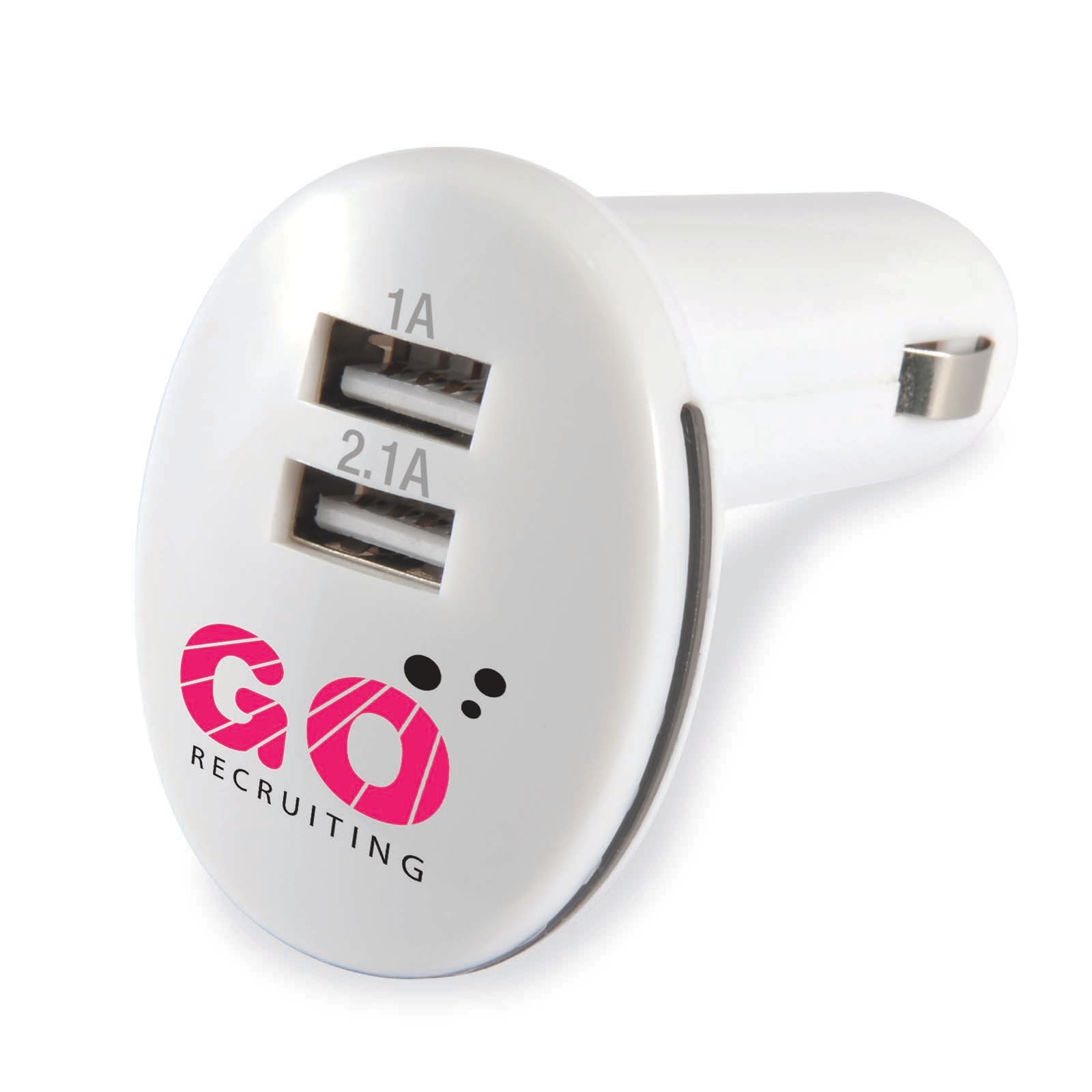 A white USB car charger with two ports and a logo on the side. Monza Car Charger - Image 1