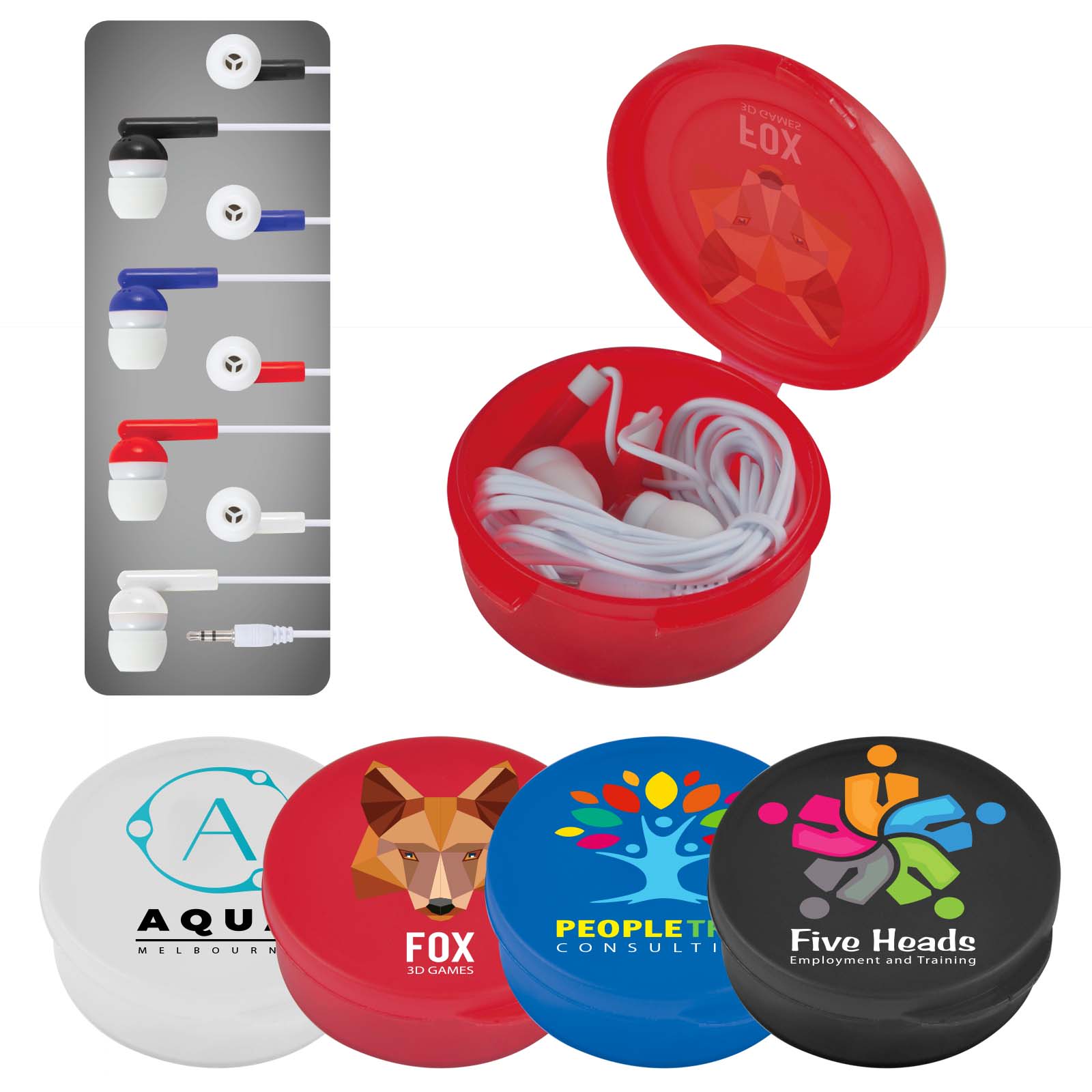 A set of white earbuds in a round red container, accompanied by colored earbud options displayed on a card. Thump Earbud Set - Image 1