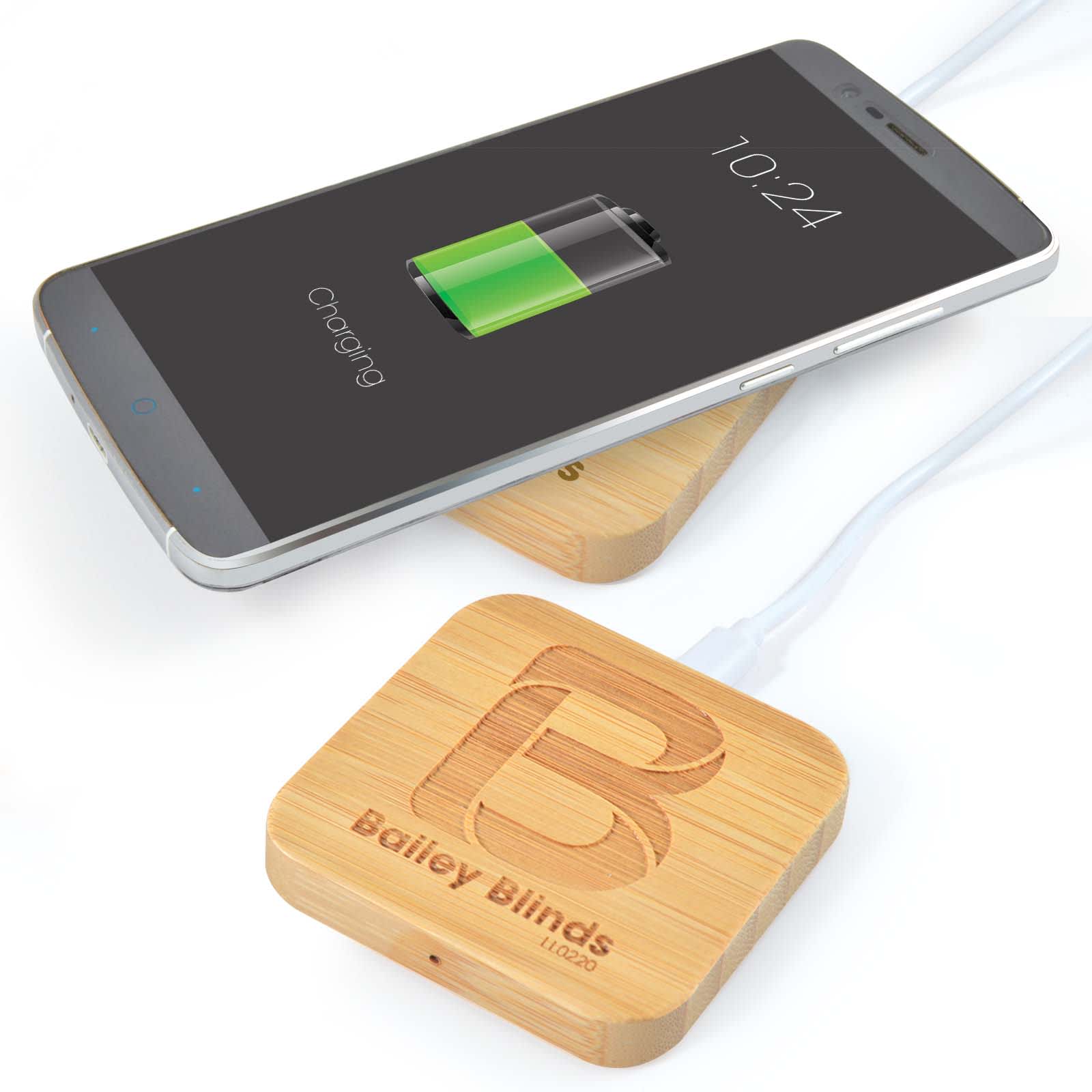 A bamboo wireless charger with a smartphone on top, showing a charging battery icon and featuring a logo. Arc Square Bamboo Wireless Charger - Image 1