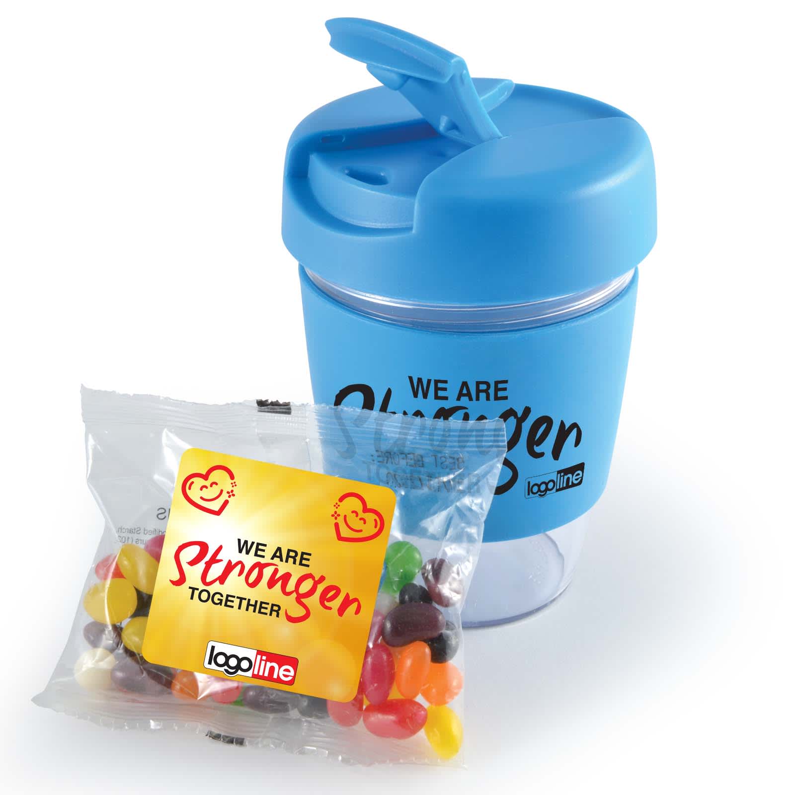 A reusable coffee cup in light blue with a lid, accompanied by a bag of colorful jelly beans. The cup features a logo. Kick Coffee Cup with Jelly Beans - Image 1