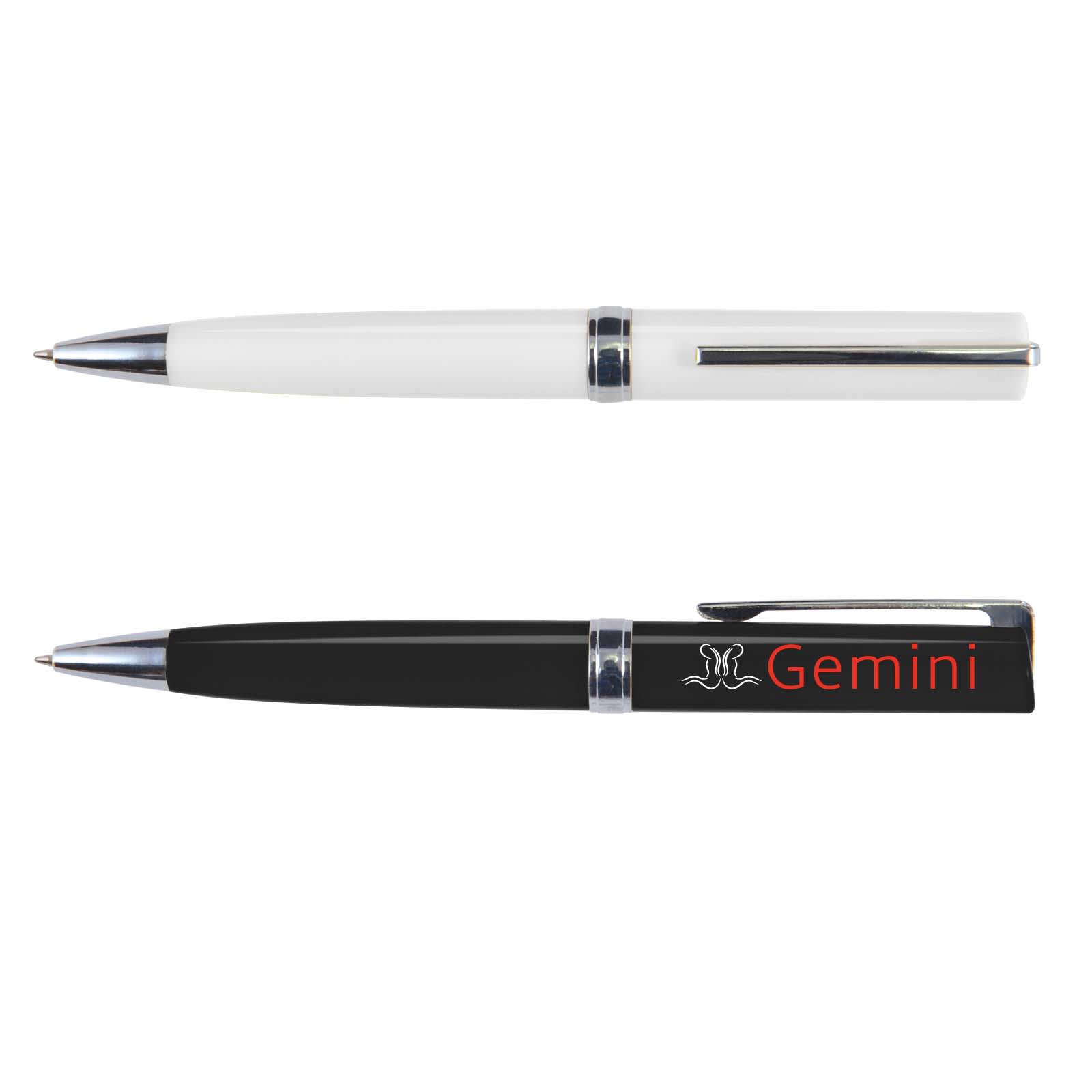 A set of two plastic pens, one in white and one in black, both featuring a silver clip and branding. Gemini Pen - Image 1