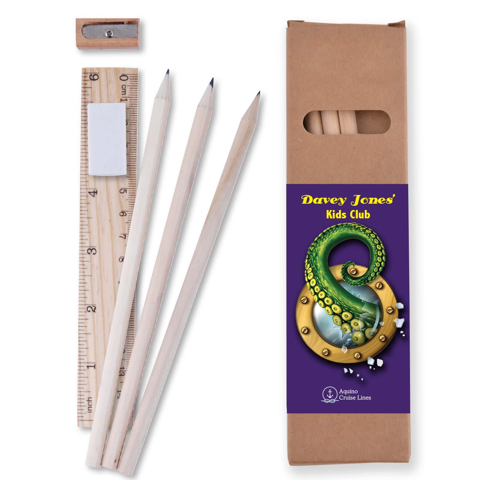 A stationery set featuring three pencils, a ruler, a sharpener, and a cardboard box with a logo. Primarily in light wood tones. Script Stationery Set - Image 1