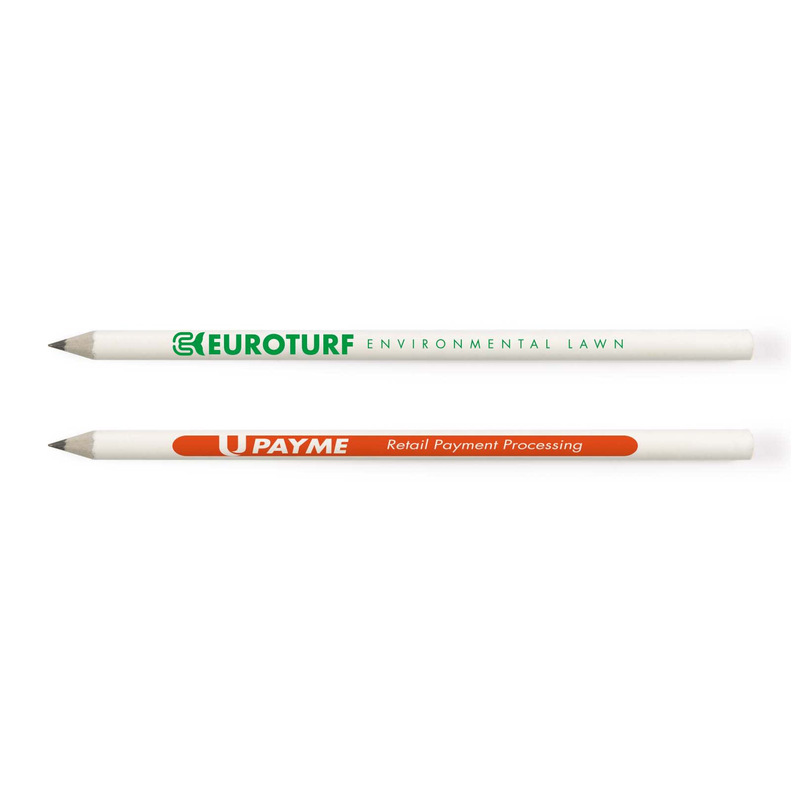 A set of two grey-lead pencils made from recycled newspaper, featuring green and orange branding on white barrels. Recycled Newspaper Pencil - Image 1