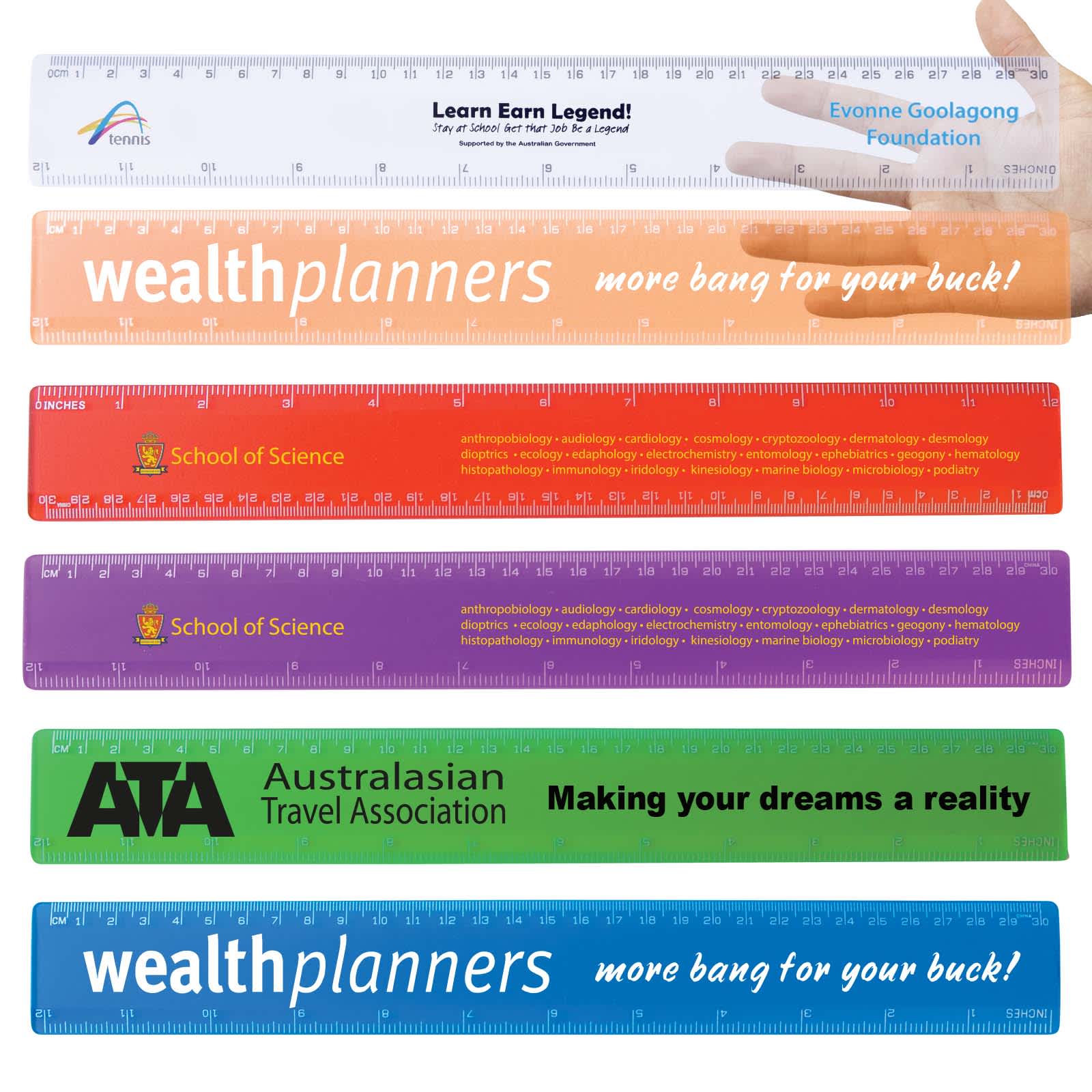 A collection of transparent rulers in various colors, each with different logos and promotional text. Transparent 30cm Ruler - Image 1