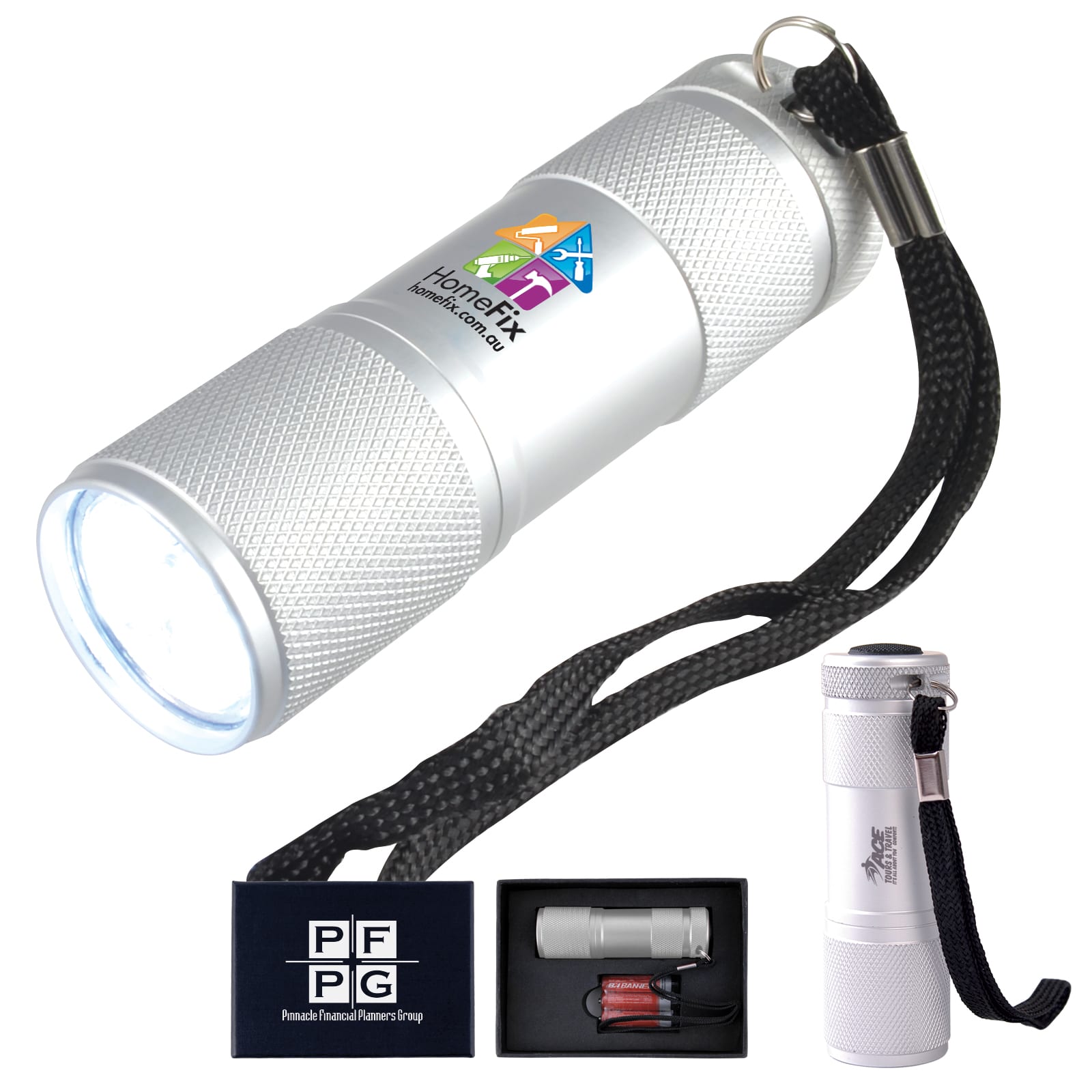 A silver flashlight with a textured grip, a keyring attachment, and a black lanyard, presented in a black box. Laser Torch - Image 1