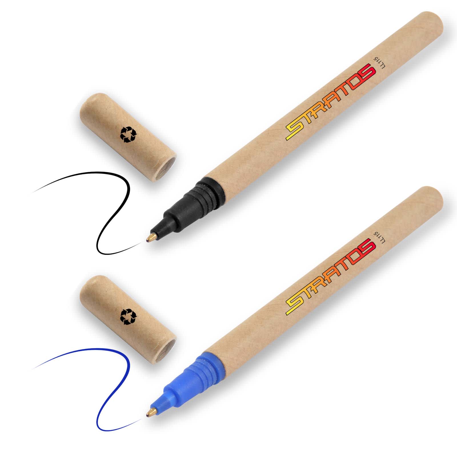 A set of two Stratos cardboard pens, one black and one blue, with caps and a recycling symbol on the packaging. Stratos Cardboard Pen - Image 1