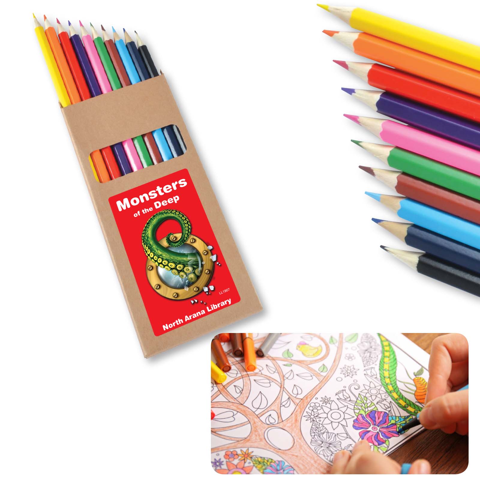 A pencil set in a brown holder featuring various colored pencils, including vibrant shades of red, blue, yellow, and green. Mighty Pencil Set - Image 1