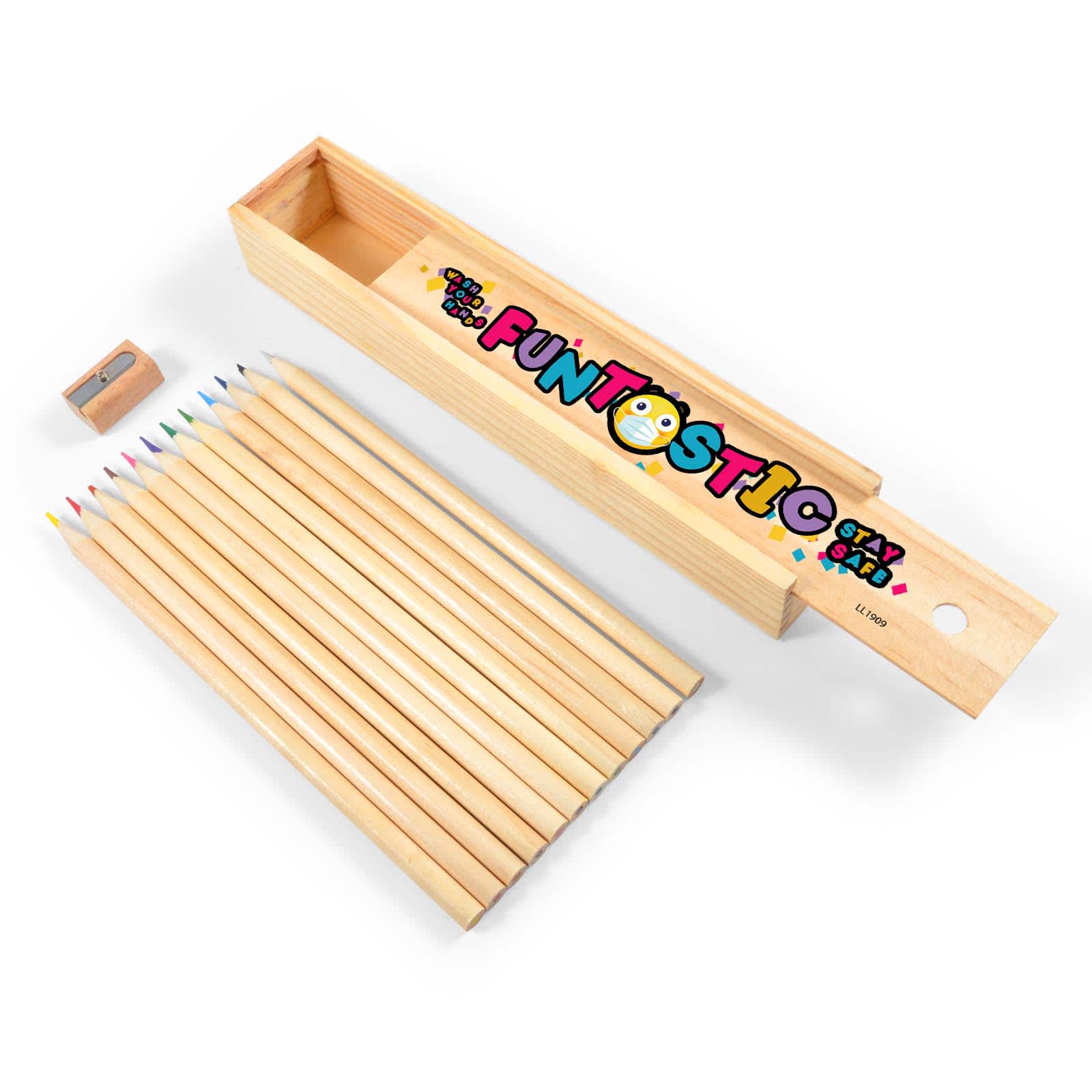 A wooden box containing a set of ten colored pencils in various colors, along with a sharpener. Panorama Coloured Pencil Set - Image 1