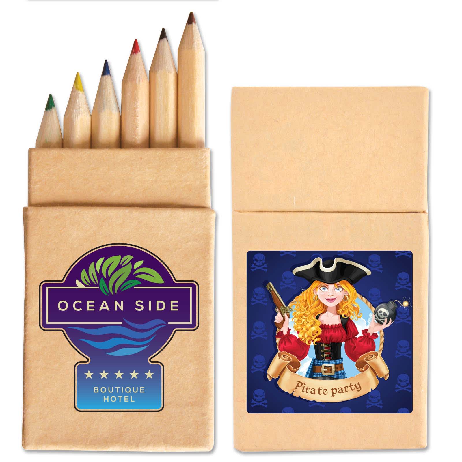 A pencil set featuring six colored pencils in a natural wooden finish, contained in a kraft paper sleeve with branding. Monet Pencil Set - Image 1