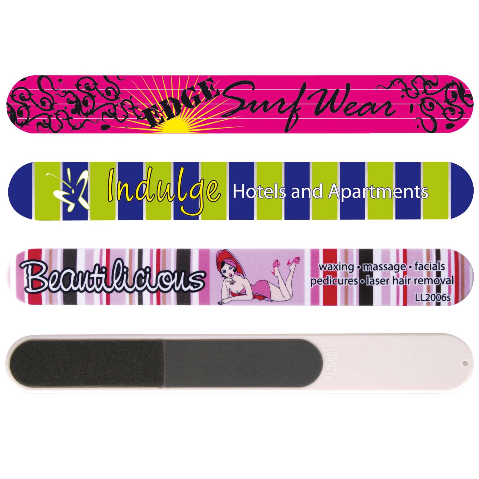 A collection of nail files in various colors, including pink, green, and black, featuring different designs and branding. New Vogue Nail File - Image 1
