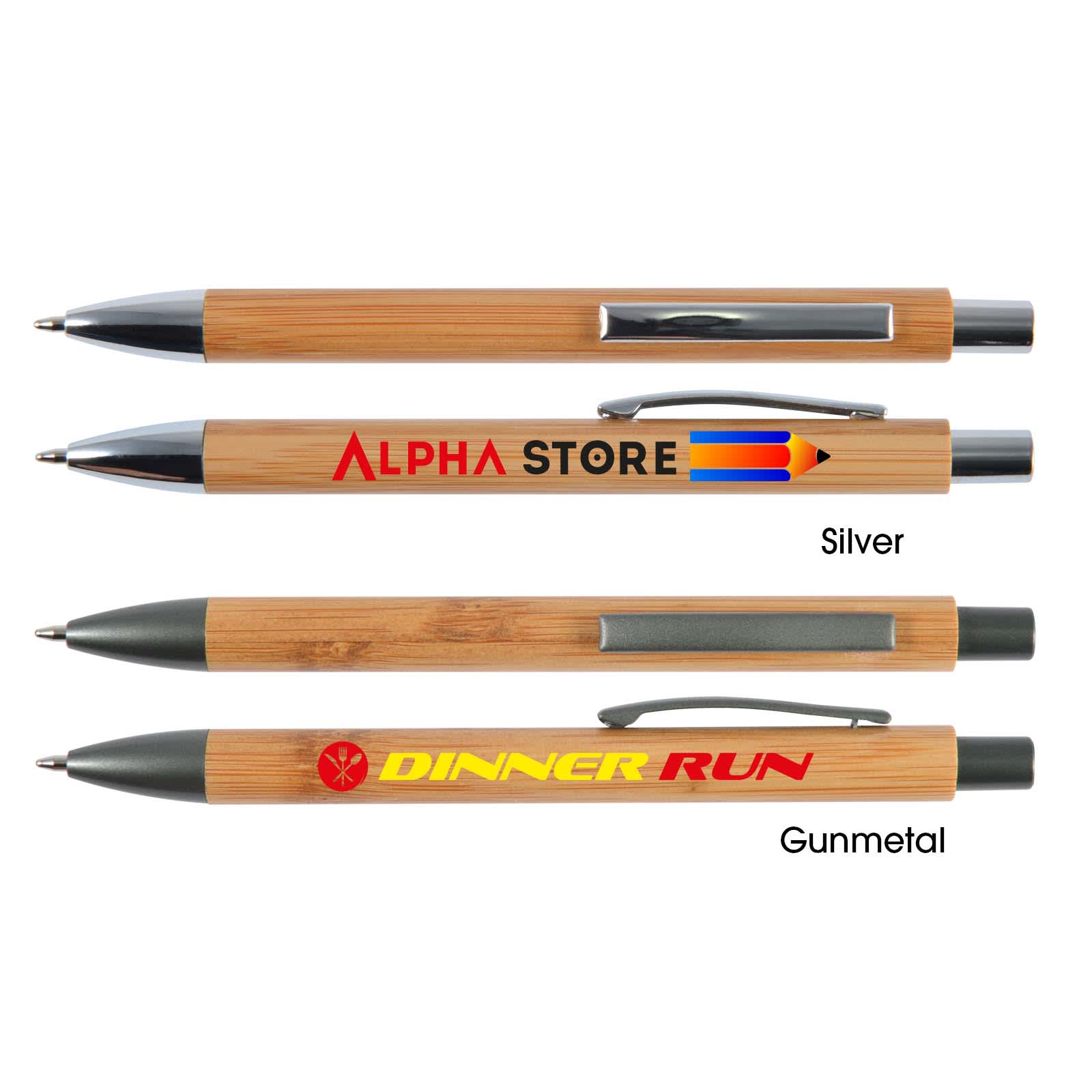 A collection of bamboo pens in silver and gunmetal colors, featuring various logos. Aspen Bamboo Pen - Image 1