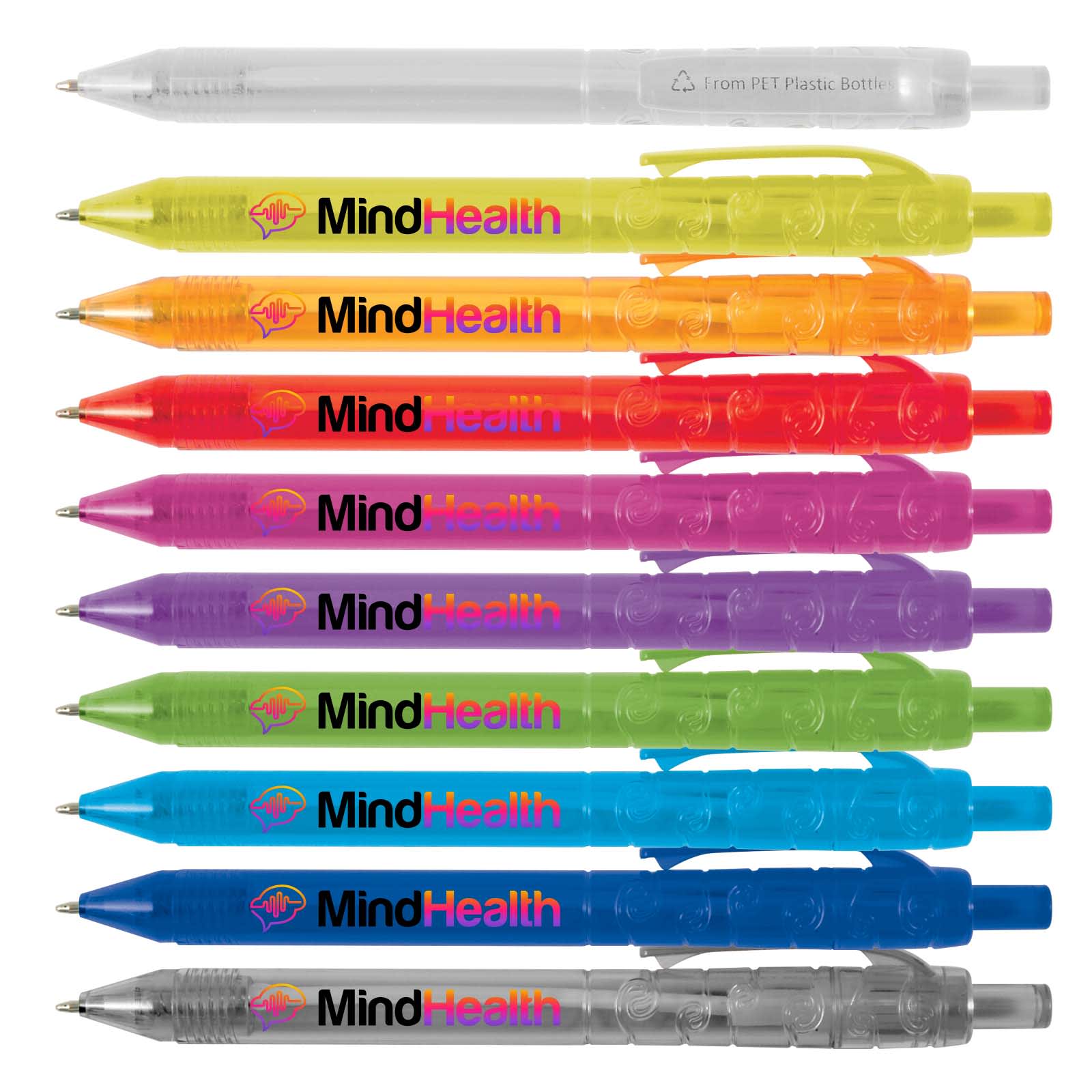A collection of colorful plastic pens in various shades, featuring a logo and an eco-friendly design. Raptor RPET Pen - Image 1