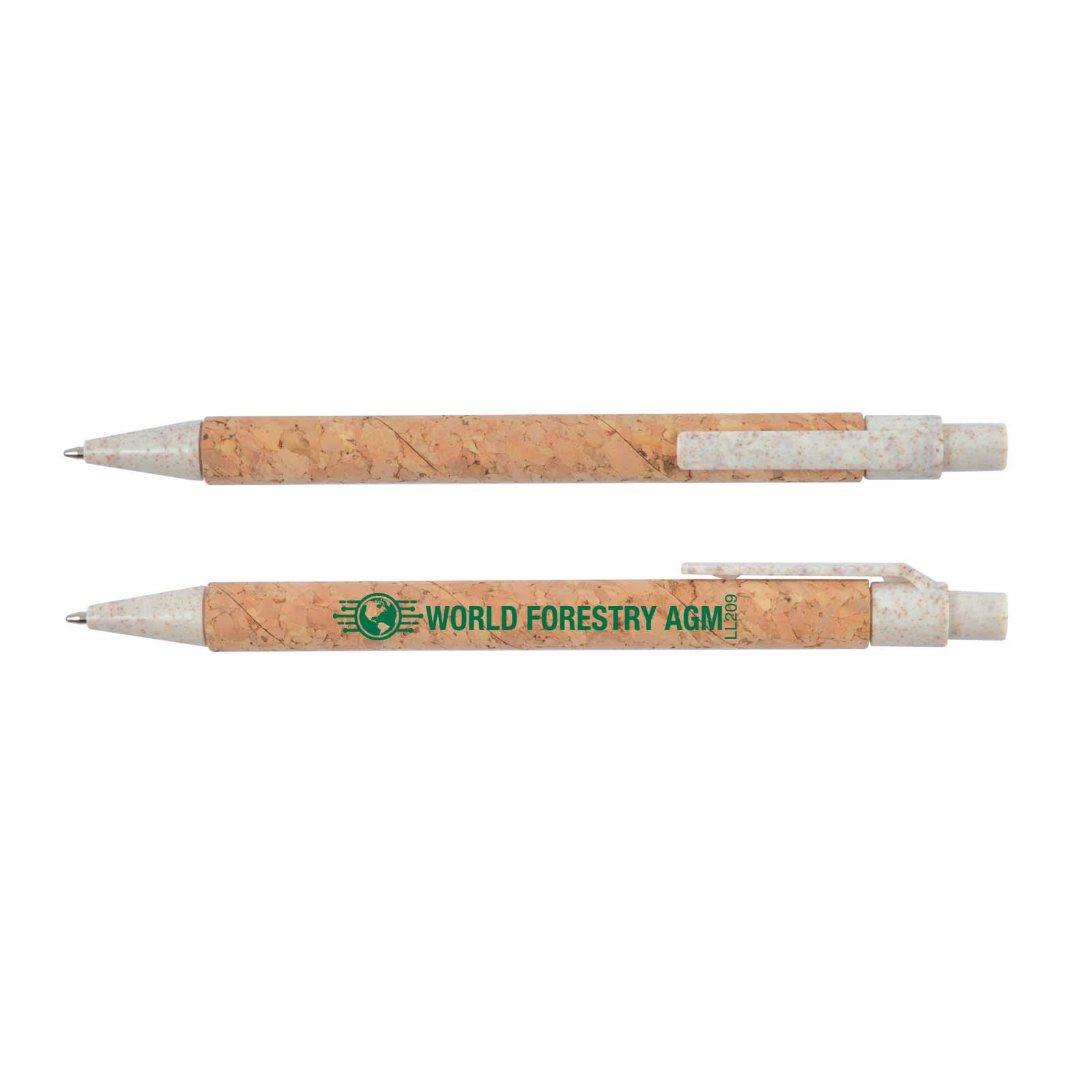 A cork pen with a natural cork barrel and a white top, featuring a printed logo that reads "WORLD FORESTRY AGM." Matador Cork Pen - Image 1
