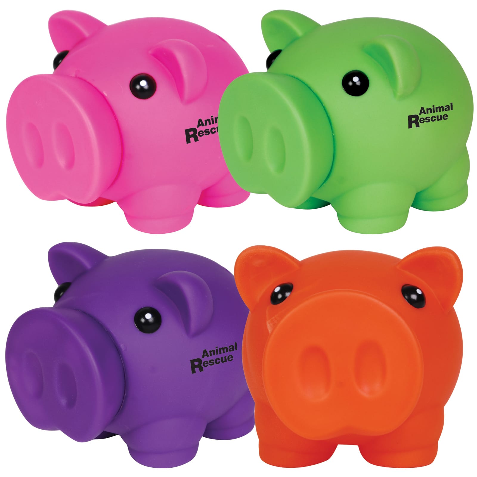 A set of four colorful coin banks in pink, green, purple, and orange, featuring playful piglet designs and a logo. Micro Piglet Coin Bank - Image 1