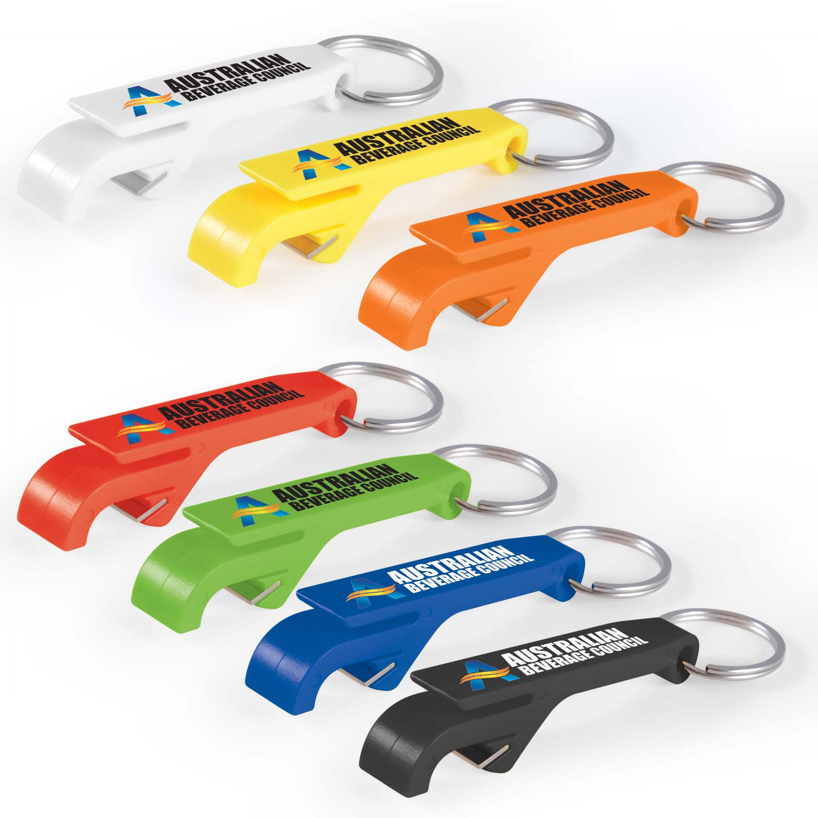 A collection of Nitro Keytags in white, orange, red, green, black, and blue, featuring a logo on each tag. Nitro Keytag - Image 1