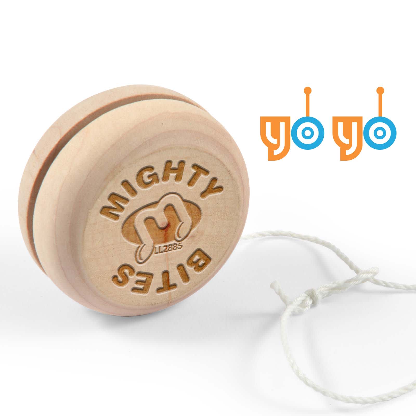 A wooden yo-yo featuring a circular design with "Mighty Bits" engraved on one side and attached string for play. Zippy Wooden Yo Yo - Image 1