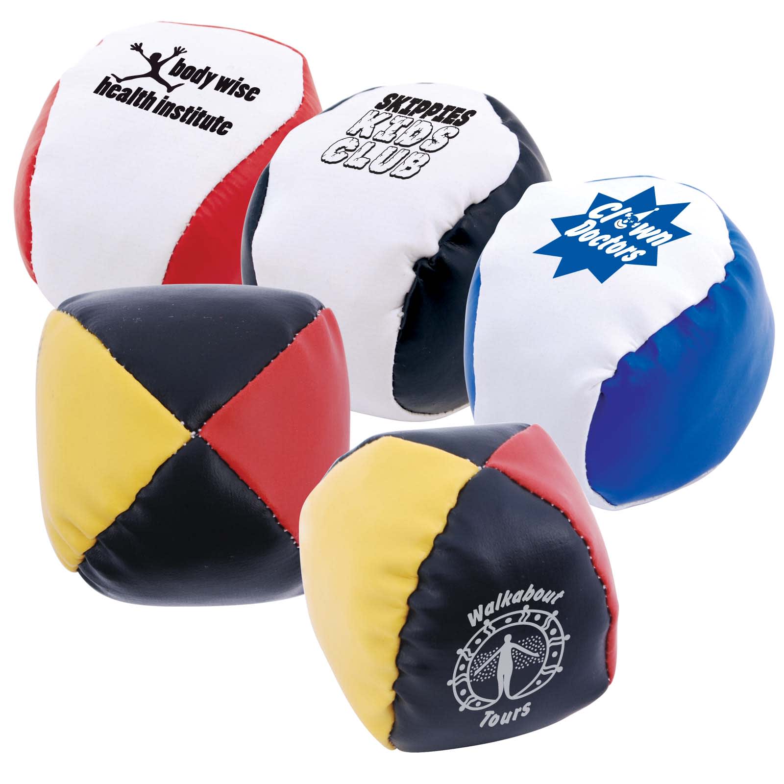 A set of colorful Ace Hacky Sacks featuring various logos and designs, including red, white, yellow, and blue patterns. Ace Hacky Sacks - Image 1