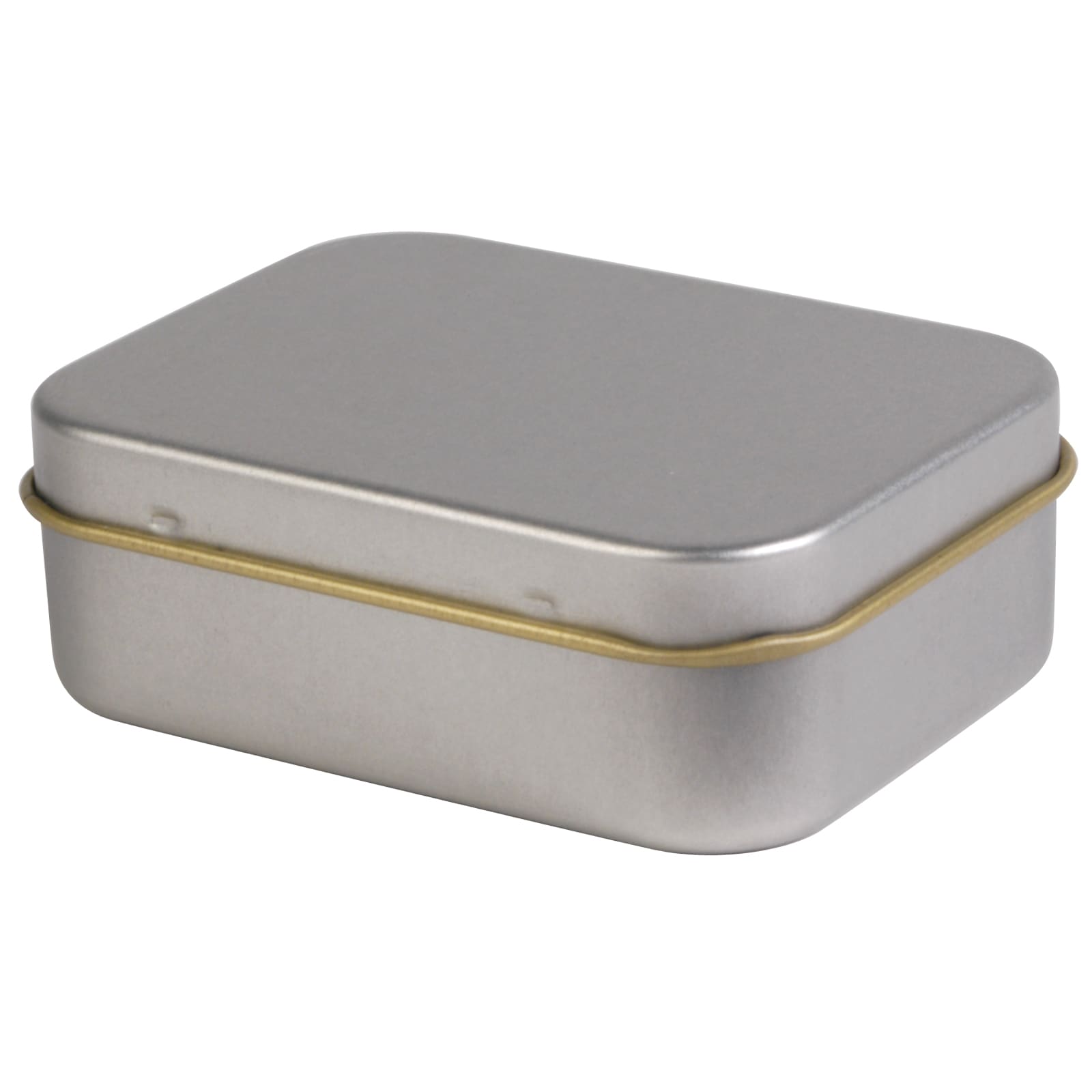 A silver rectangular tin with a gold rim, suitable for packaging pens or other small items. Silver Rectangular Tin - Image 1
