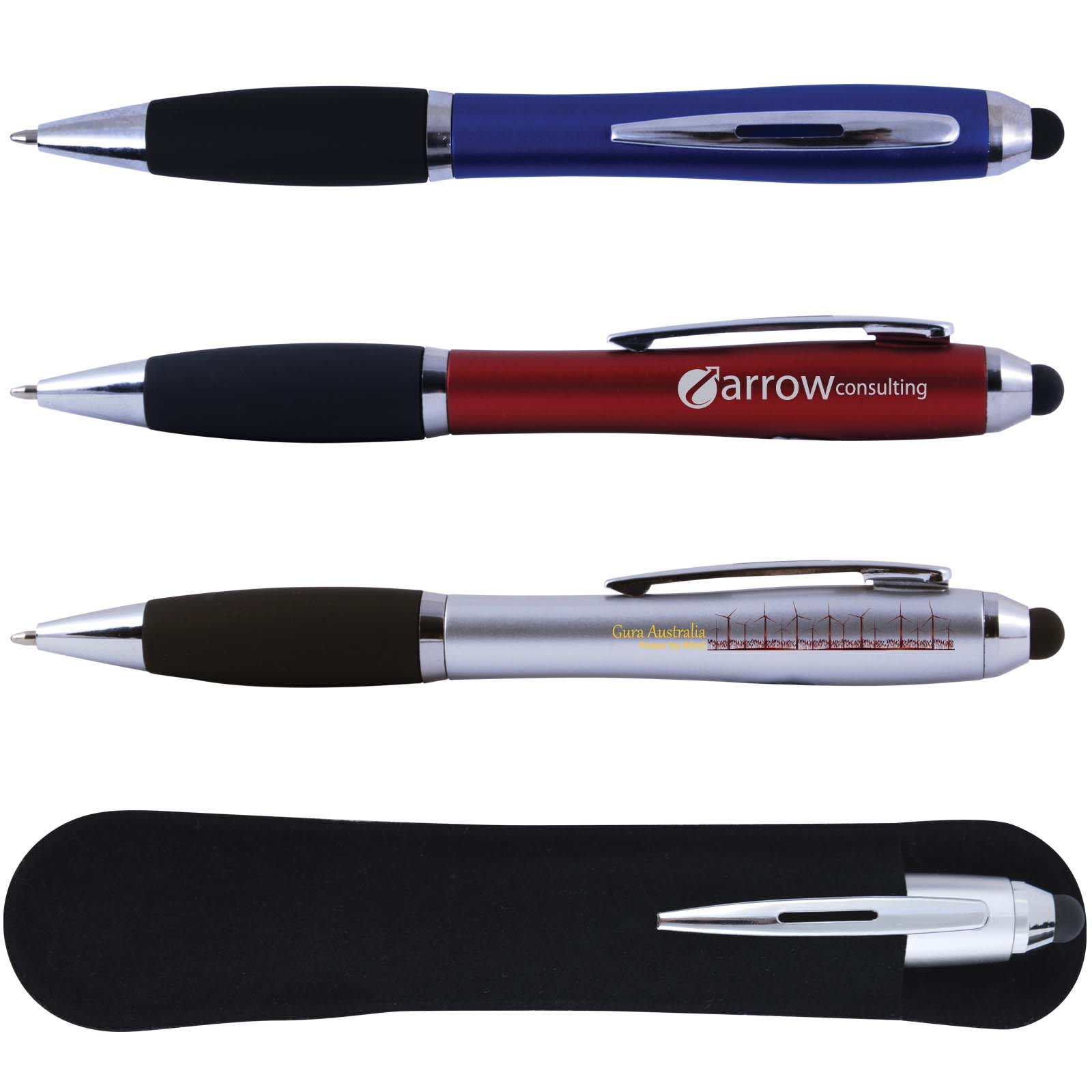 A collection of three stylus pens in blue, red, and silver, displayed in a black case. Each pen has a sleek design. Santa Fe Pen / Stylus - Image 1