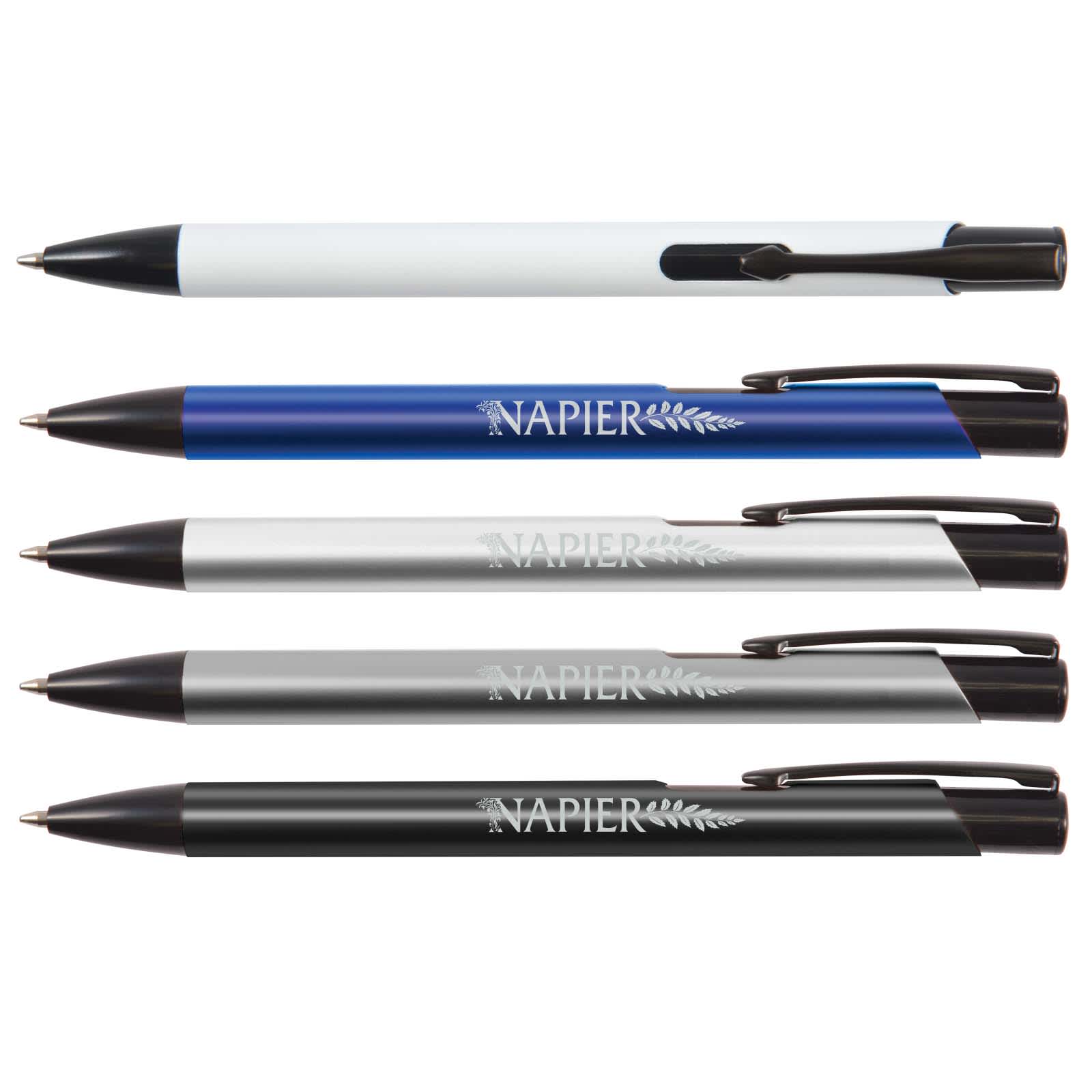 A collection of four metal pens in white, blue, silver, and black, with a logo on some pens. Napier Pen (Black Edition) - Image 1