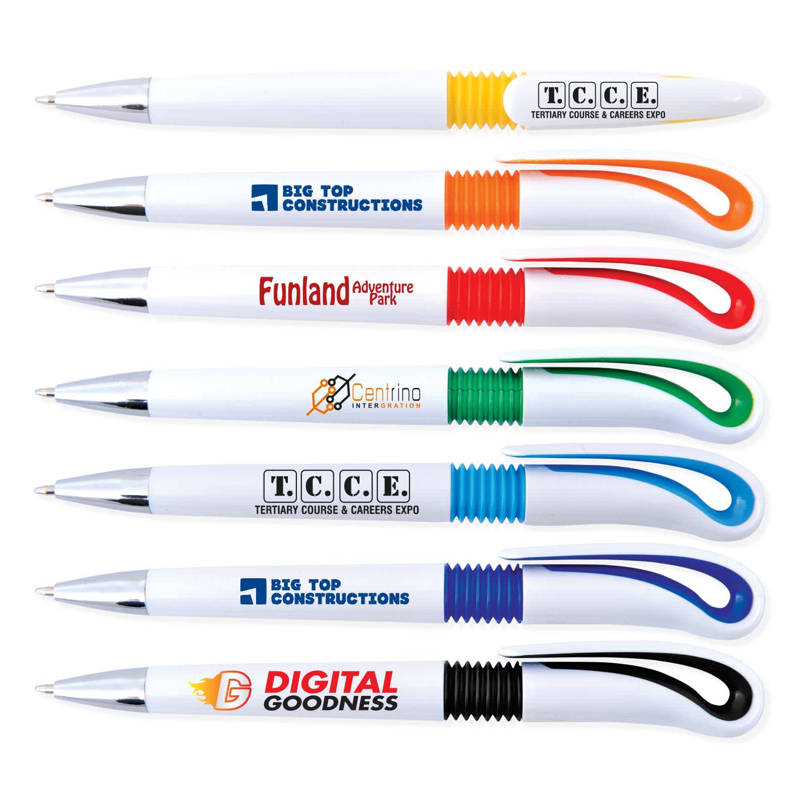 Several plastic pens in white with colorful grips, featuring various logos and branding on each pen. Hook Pen - Image 1