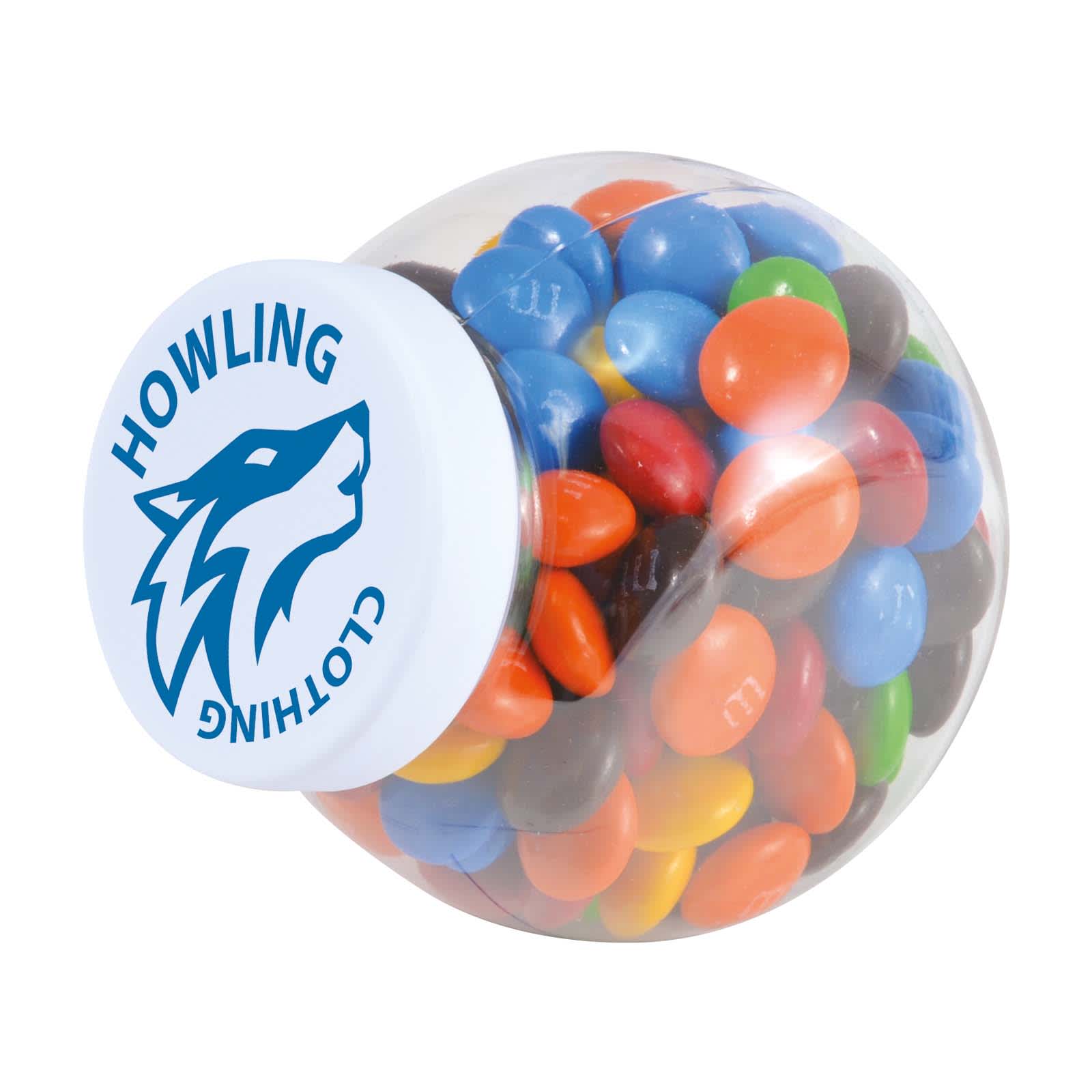 A container filled with colorful M&M's chocolate beans. The lid features the logo "HOWLING CLOTHING." M&M's in Container - Image 1