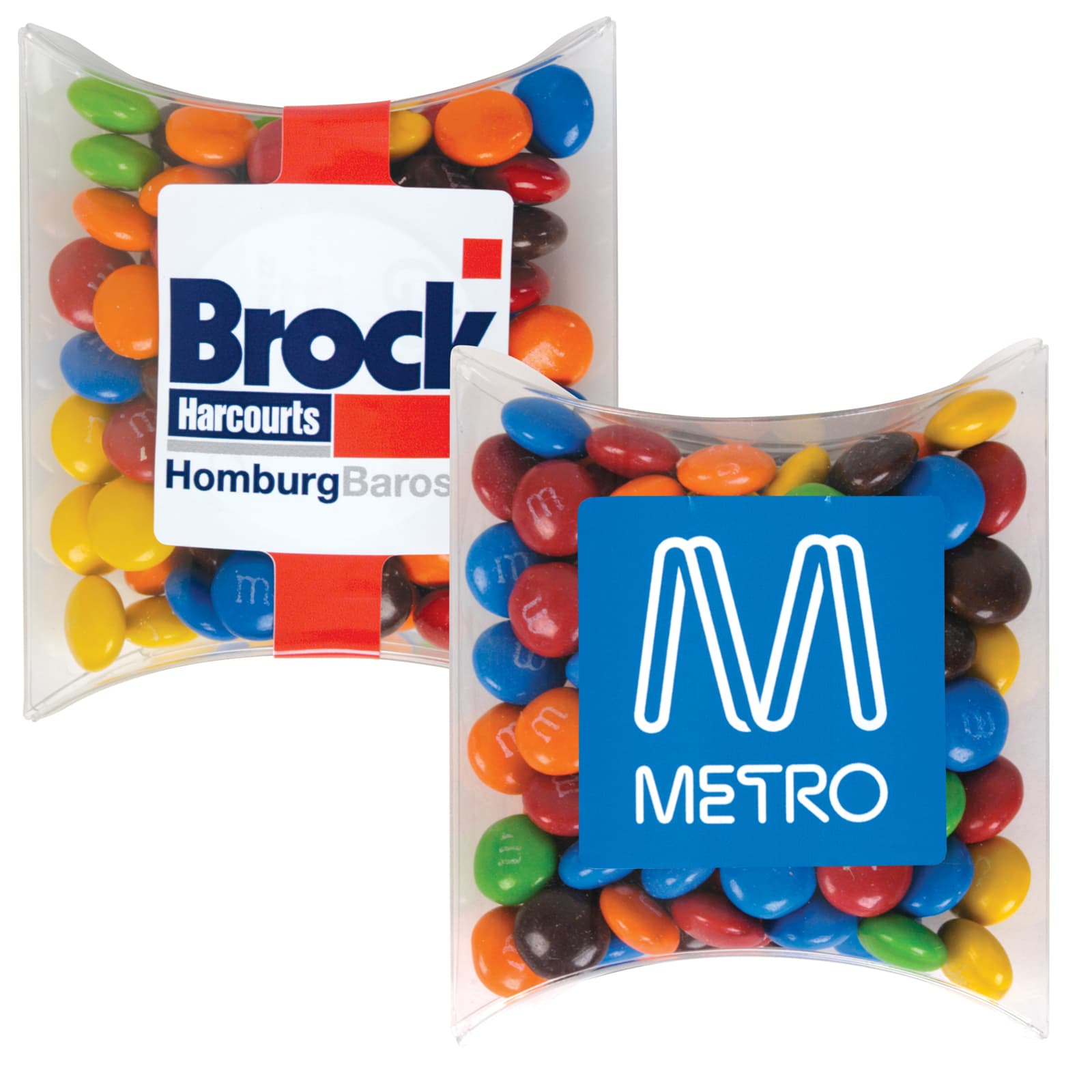 A pillow pack containing colorful M&M's chocolate candies, featuring a branding logo on one side. M&M's in Pillow Pack - Image 1