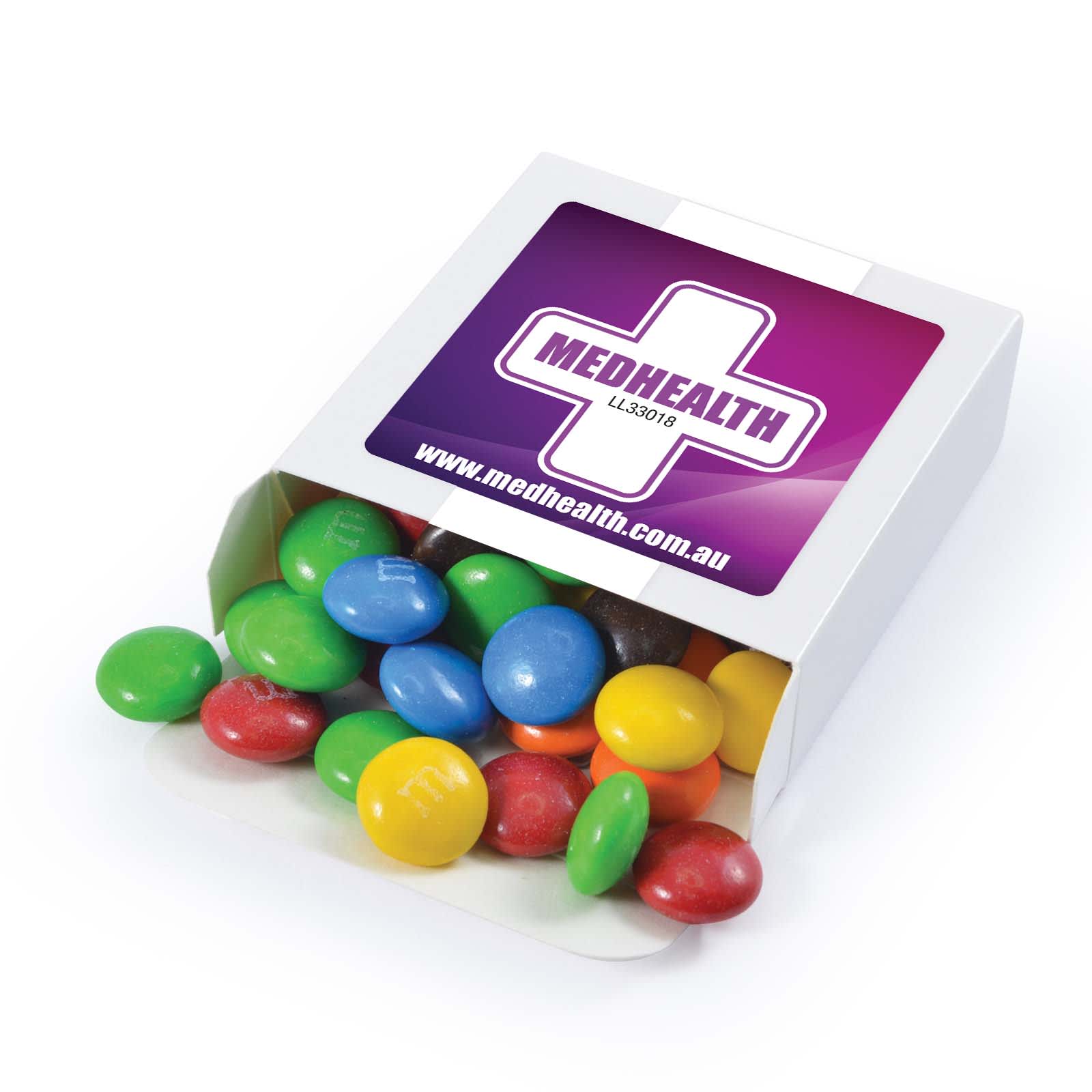 A box filled with colorful chocolate beans, including red, yellow, green, blue, and brown, with a logo on the packaging. M&M's in 50g Box - Image 1