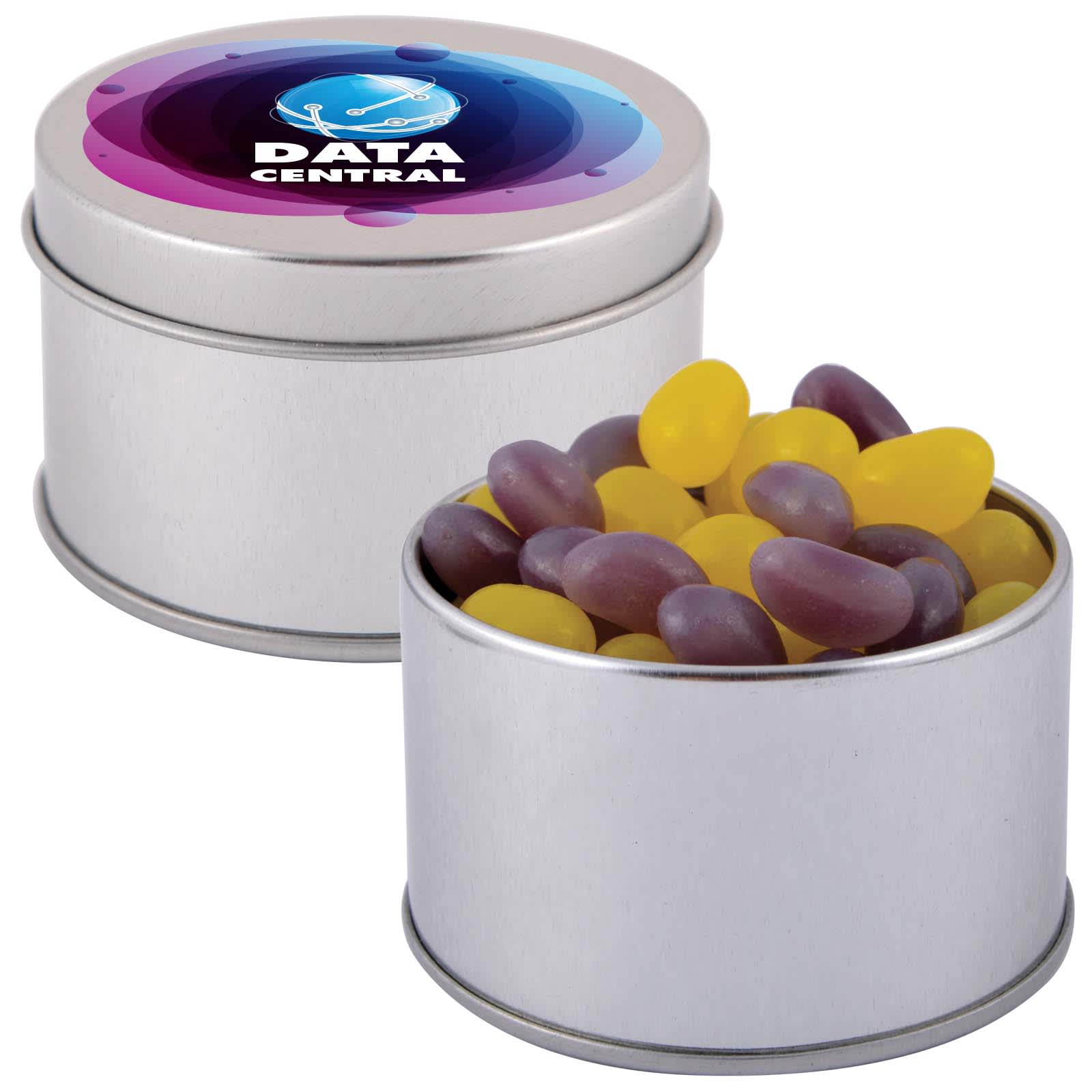 A silver round tin filled with purple and yellow jelly beans, featuring a colorful branded lid. Corporate Colour Mini Jelly Beans in Silver Round Tin - Image 1