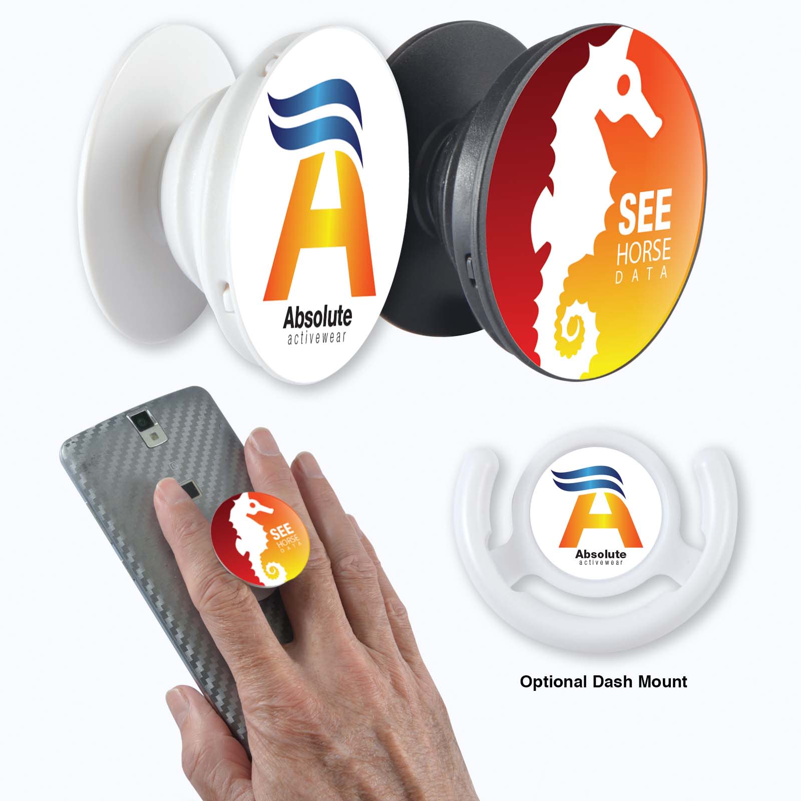 A circular phone grip featuring a seahorse design in orange and yellow, with a white base and logos. Phone Grip - Image 1