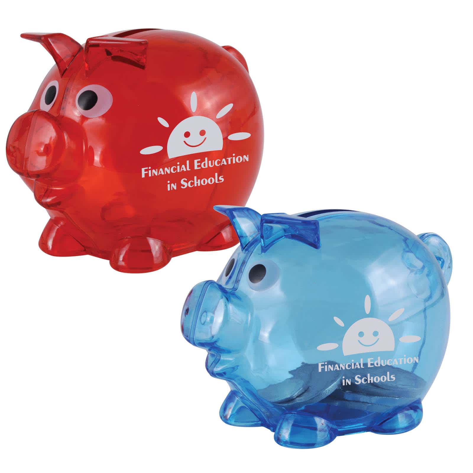 A red and blue pig-shaped coin bank with a smiling face and a logo on each. World's Smallest Pig Coin Bank - Image 1