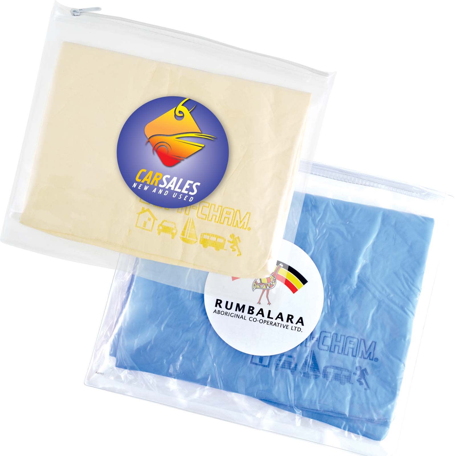 A clear pouch containing a cream-colored and a blue chamois cloth, each with a logo. Supa Cham Chamois in Pouch - Image 1