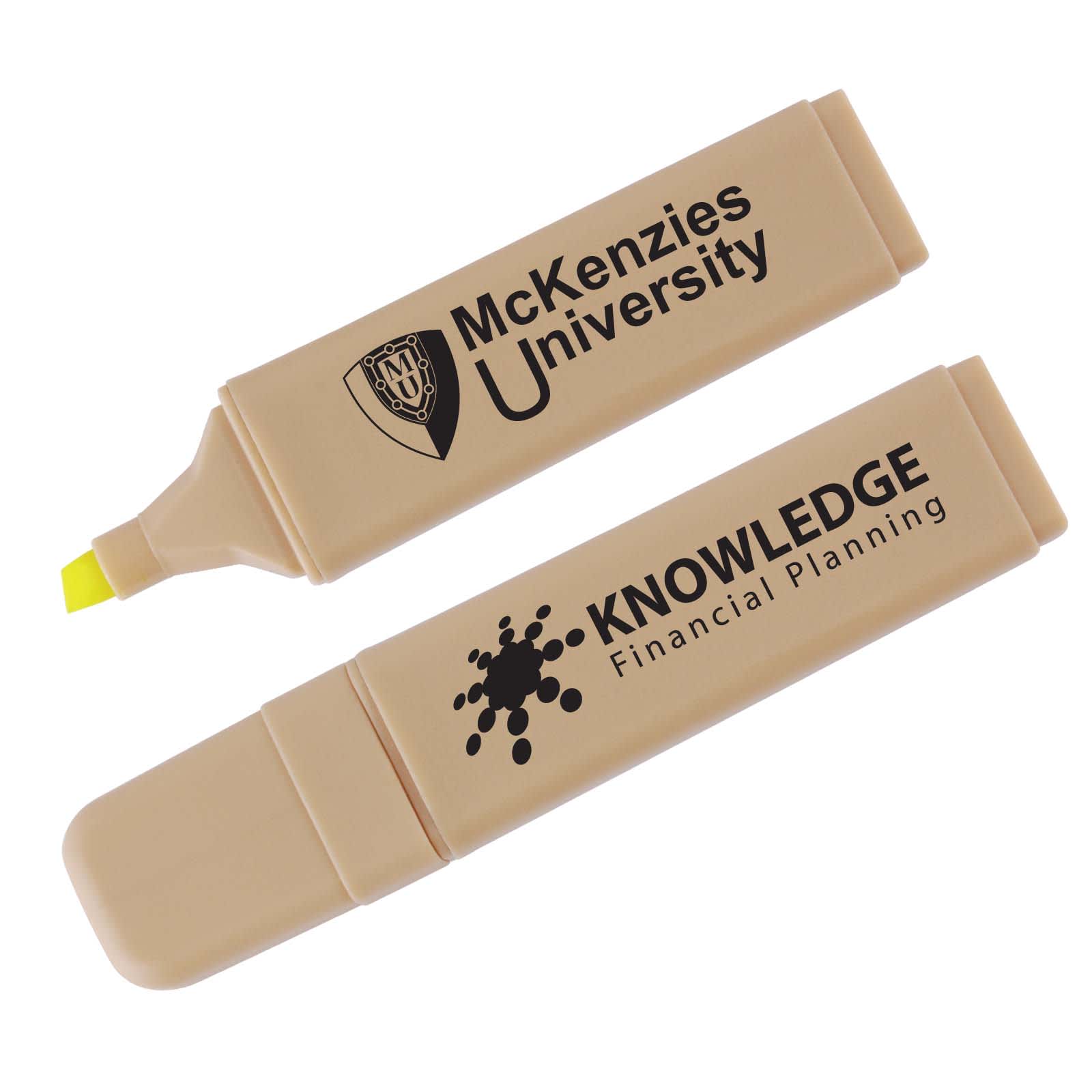 A beige recycled highlighter with a yellow tip, featuring a logo and text on the body. Recycled Highlighter - Image 1