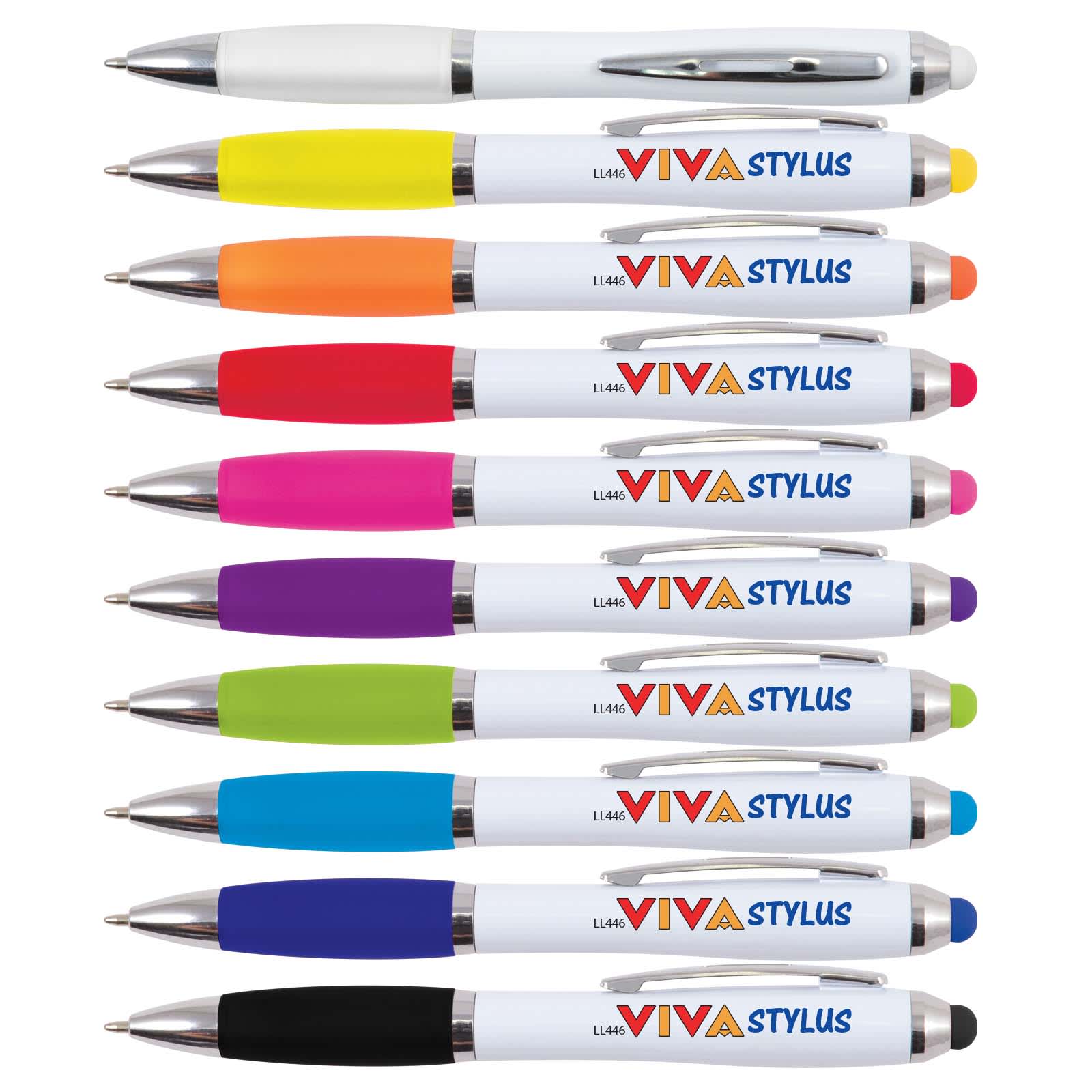 A collection of ten Viva Stylus Pens in various colors, including white, yellow, pink, green, and blue, with a branding logo. Viva Stylus Pen - Image 1