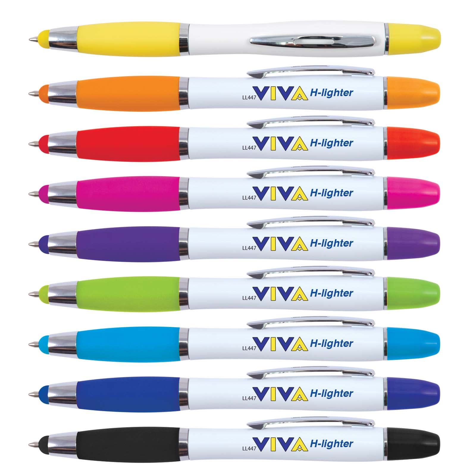 A collection of ten stylus pens in various colors, each featuring a logo and a highlighter tip. Viva Stylus Pen & Highlighter - Image 1