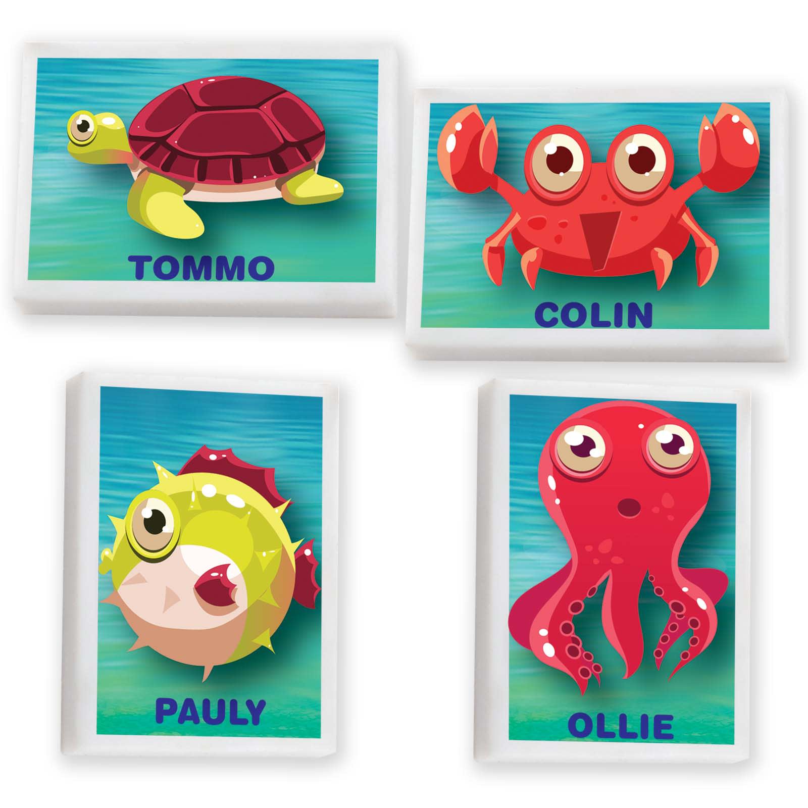 A set of four colorful cartoon sea creature erasers: a turtle, a crab, a pufferfish, and an octopus, each with a white border. White Eraser - Image 1