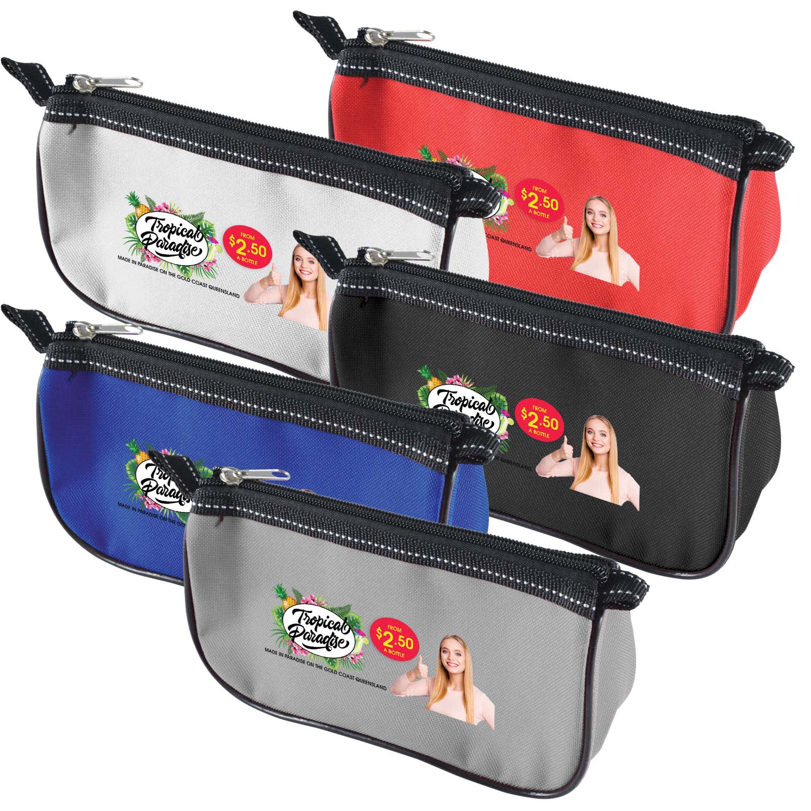 A collection of five pencil cases in red, blue, gray, black, and a patterned design, each featuring a logo. Frenzy Pencil Case - Image 1