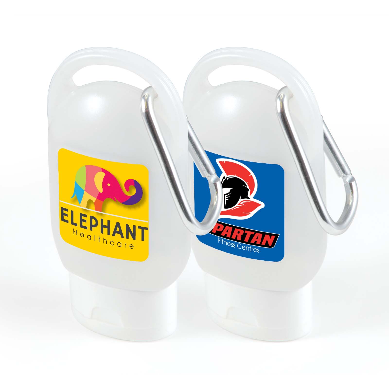 A white gel hand sanitiser bottle with two different logos and a carabiner for attachment. Breezy Gel Hand Sanitiser - Image 1