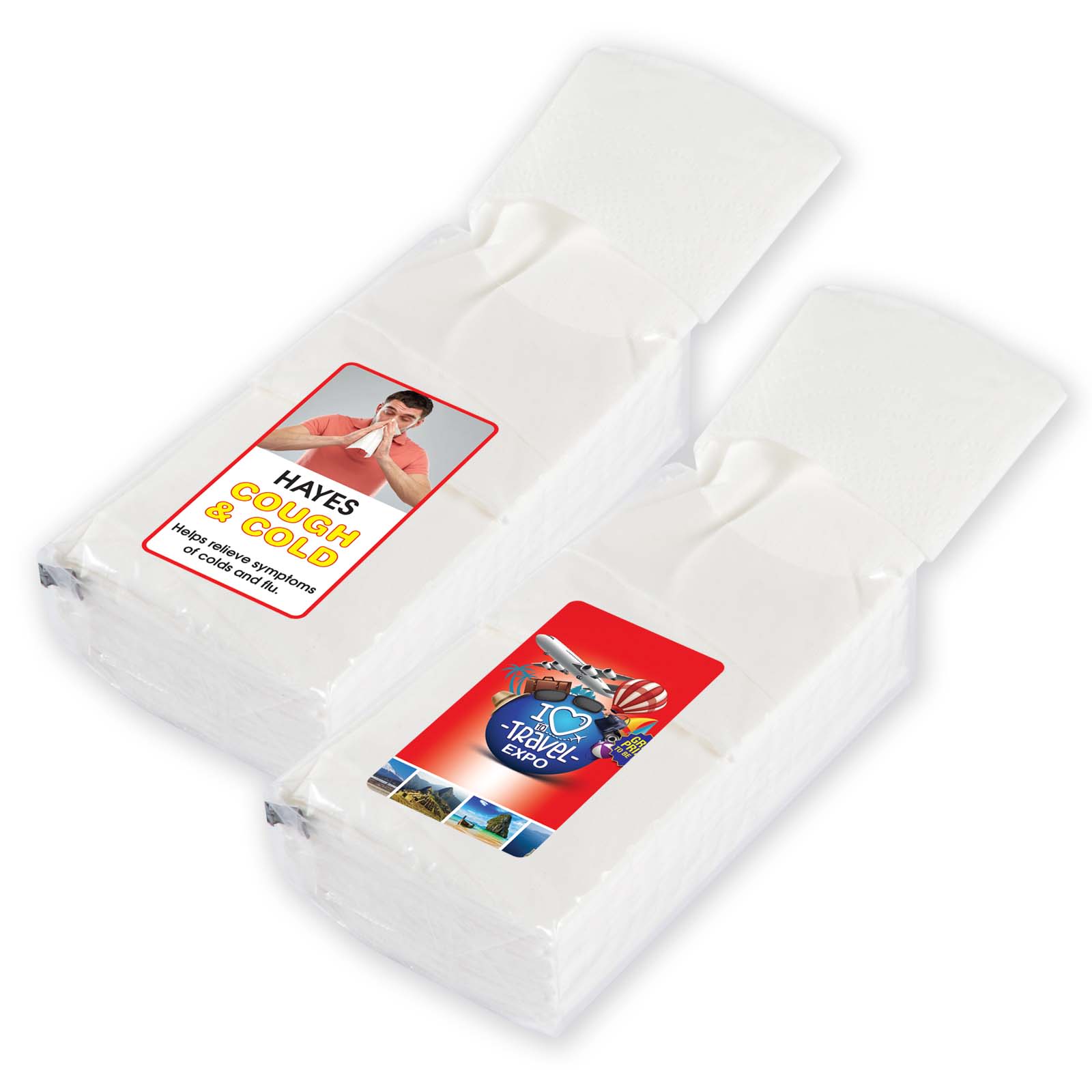 A pack of pocket tissues, featuring two white tissue bundles with colorful packaging on each. Contains ten packs. Pocket Tissues - 10 Pack - Image 1