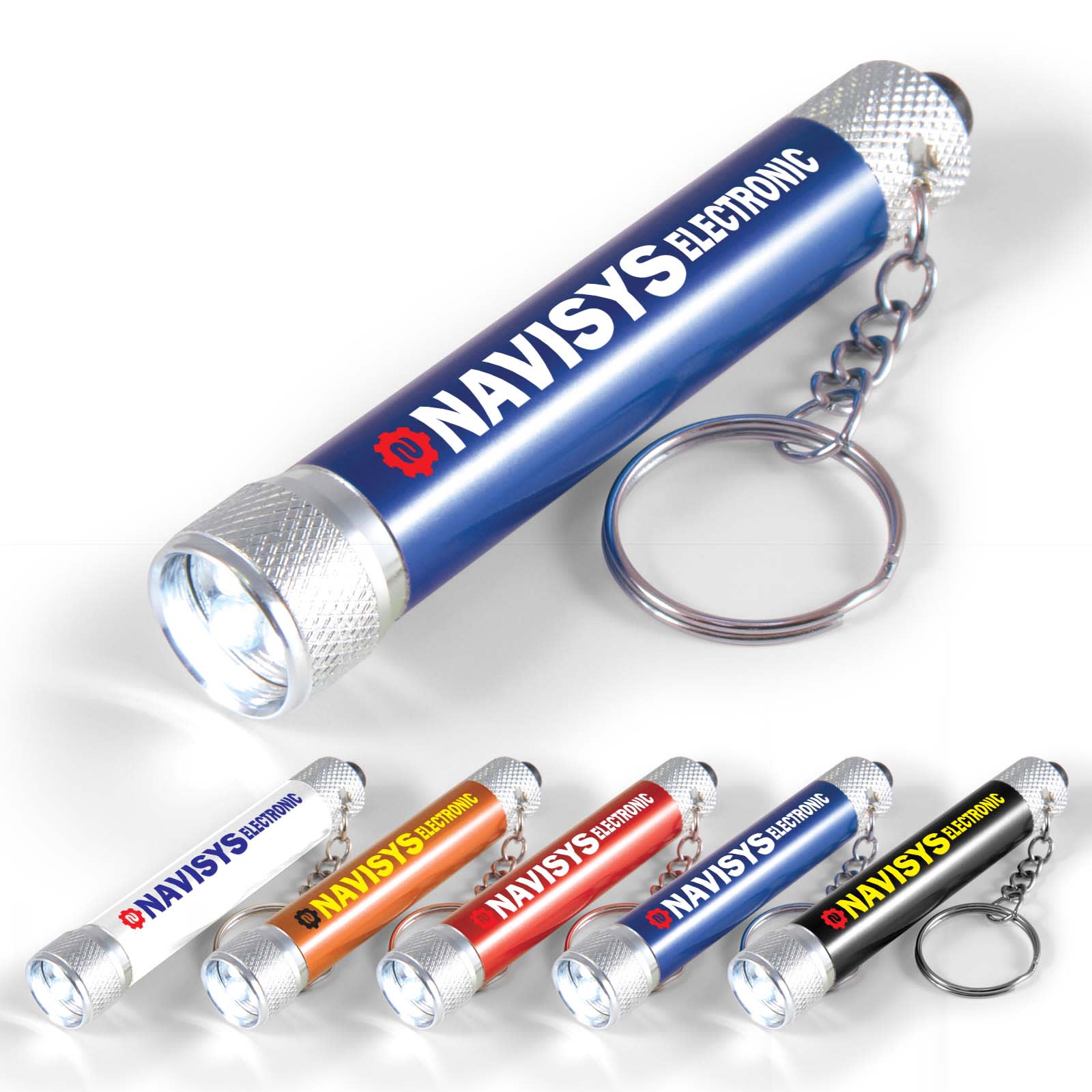 A keychain flashlight in various colors featuring the name "NAVISYS ELECTRONIC" printed on the side. Orion Torch - Image 1