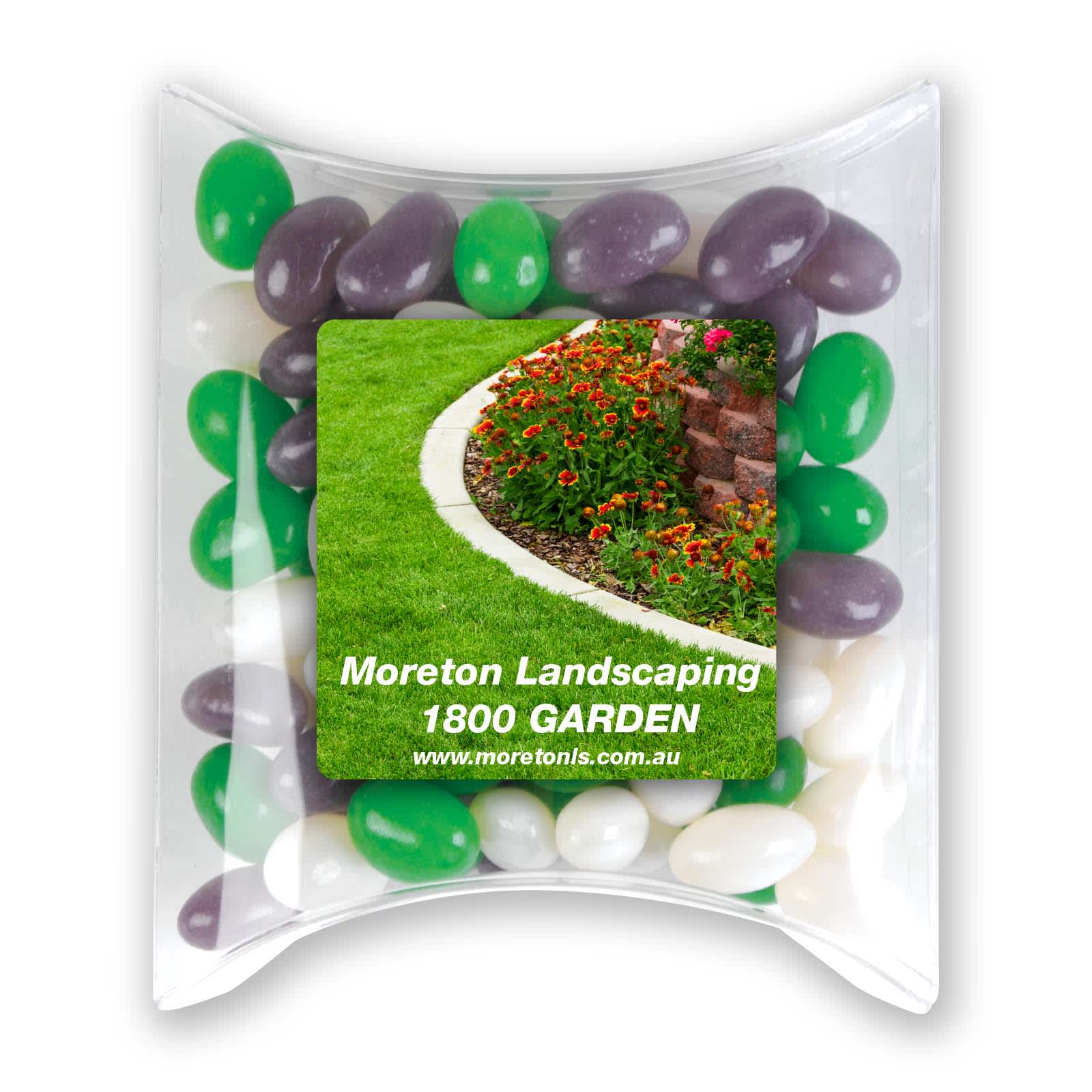 A pillow pack containing green, purple, and white jelly beans with a promotional label. Corporate Colour Mini Jelly Beans in Pillow Pack - Image 1